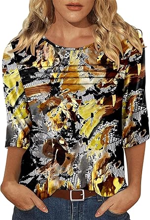 KISSMODA Women's Casual 3/4 Sleeve T-Shirts Round Neck Cute Tunic Tops Basic/Pleated Summer Tops Trendy Spring Blouses
