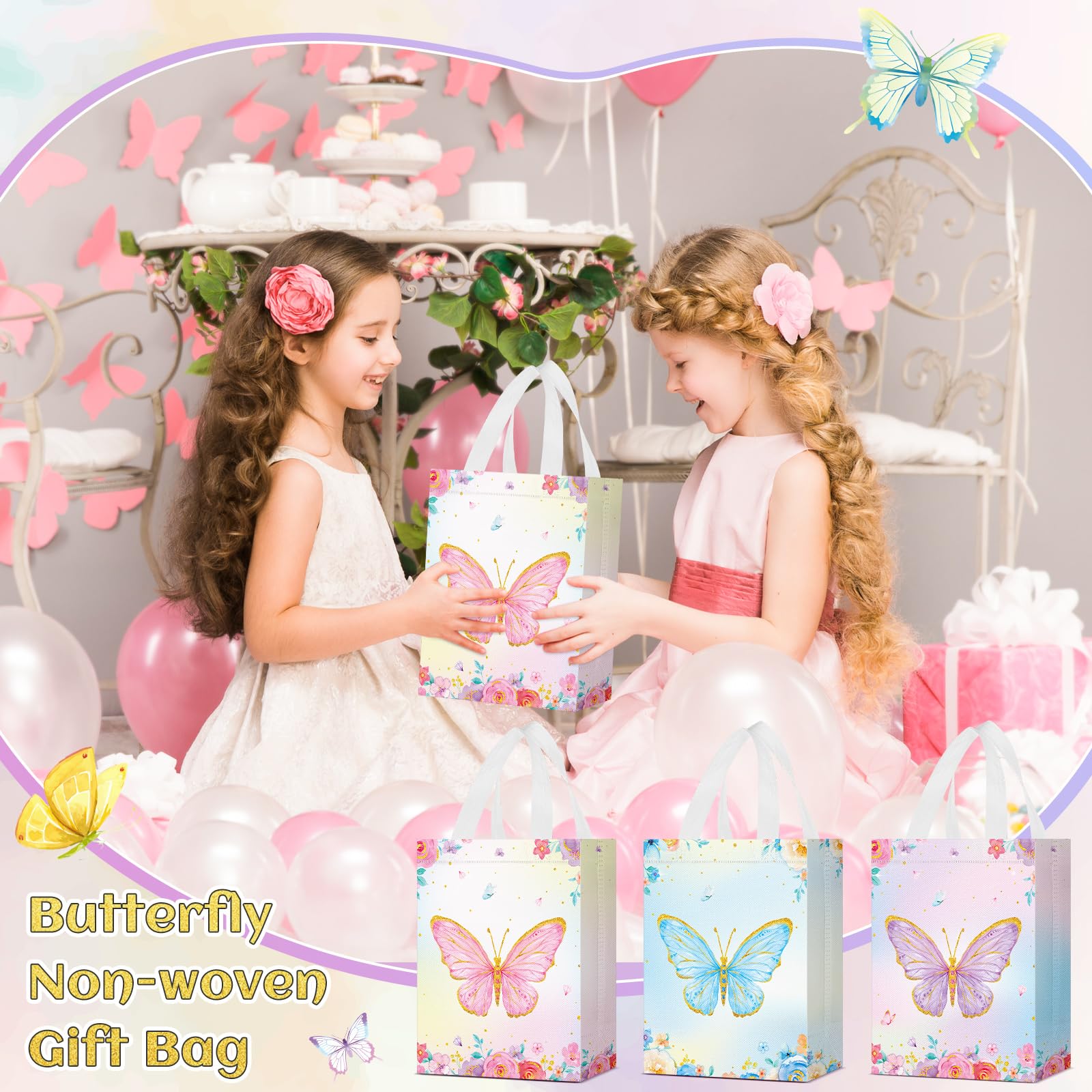 Locmeo 24 Pcs Butterfly Party Favor Bags with Handles Reusable Non Woven Butterfly Goodie Bags Pink Blue and Purple Candy Treat Gift Bag for Girl Boy Birthday Baby Shower Party, 8 x 4 x 10 Inch