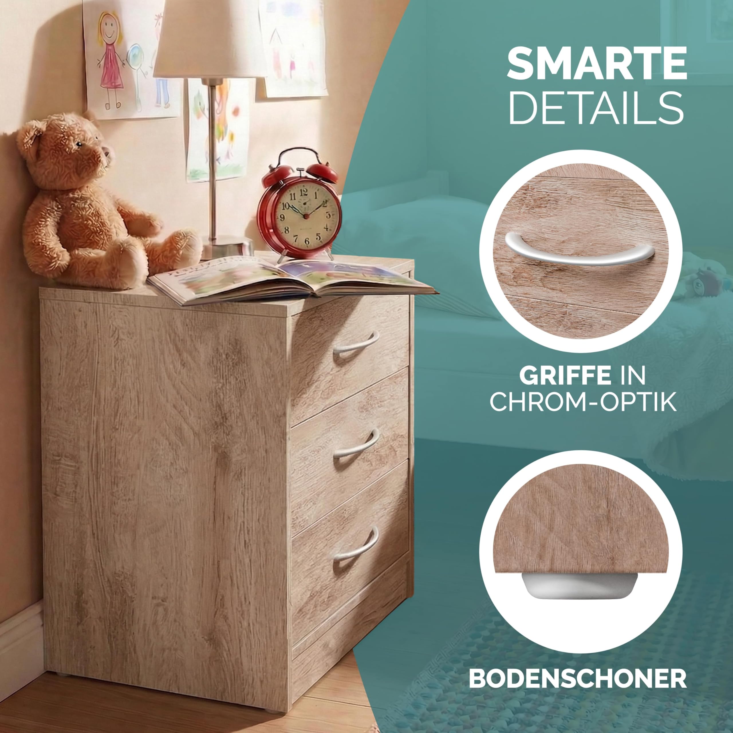 CASARIA 2X Table de Nuit Bois 3 tiroirs 54x39x28cm Table de Chevet Chambre à Coucher Petit Meuble intérieur Rangement