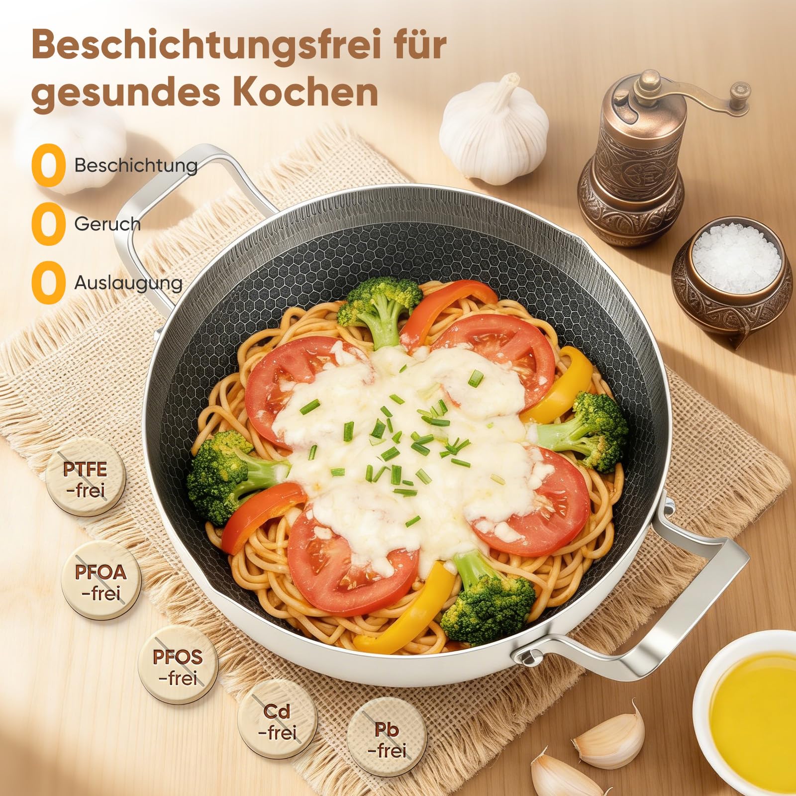 Padella per stufare con bordo alto, padella con coperchio in vetro, padella a nido d'ape con rivestimento antiaderente antigraffio, lavabile senza rivetti, padella per tutti i piani cottura