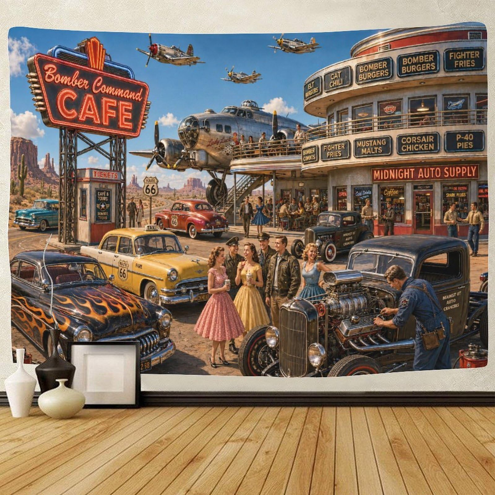 ASDFGHJKLZA Route 66 Vintage Aircraft 3D Print Wall Hanging Decor Tapestry Wall Art Decor Tapestries Poster Home Decoration Bedroom Dorm 150cmx200cm