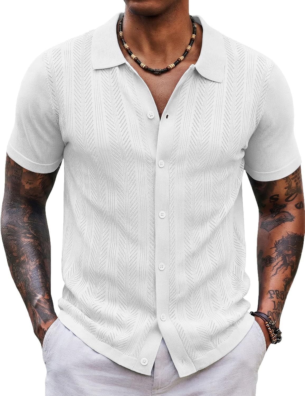 COOFANDY Men's Knit Shirt Short Sleeve Button Down Shirts Vintage Casual Summer Beach Shirts