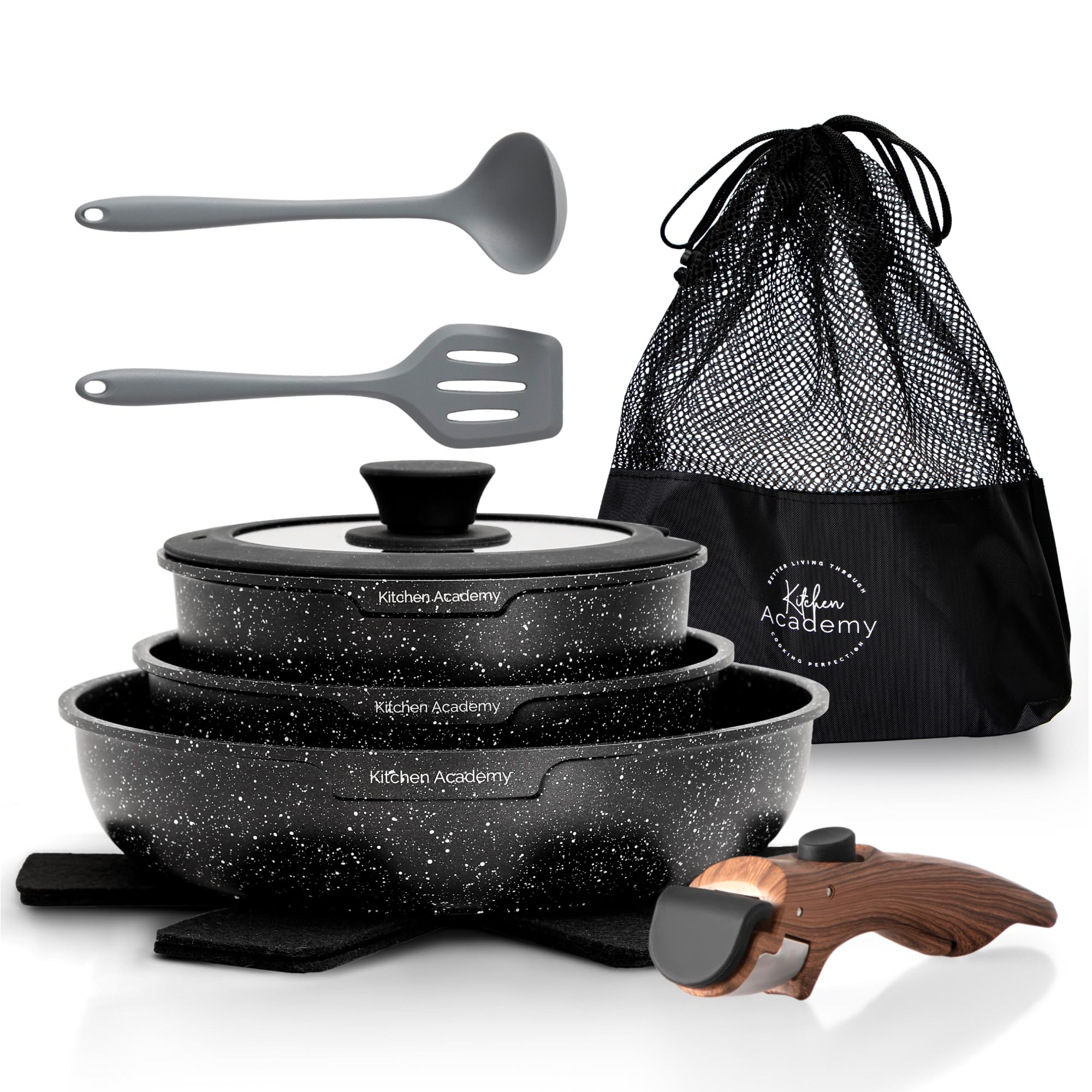 Kitchen Academy 10 PCS Batterie Cuisine Induction avec Poignée Amovible | Batterie de Cuisine Tout-Feux, Revêtement Antiadhésif en Granit Empilable Convient aux Camping-Cars et au Camping