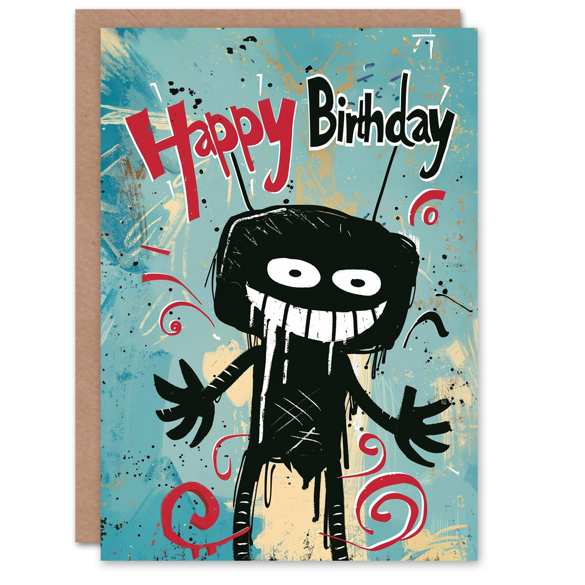 Artery8 Birthday Card Creepy Stick Man Drawing Weird Messy For Him Man Male Dad Brother Son Papa Grandad Greeting Card