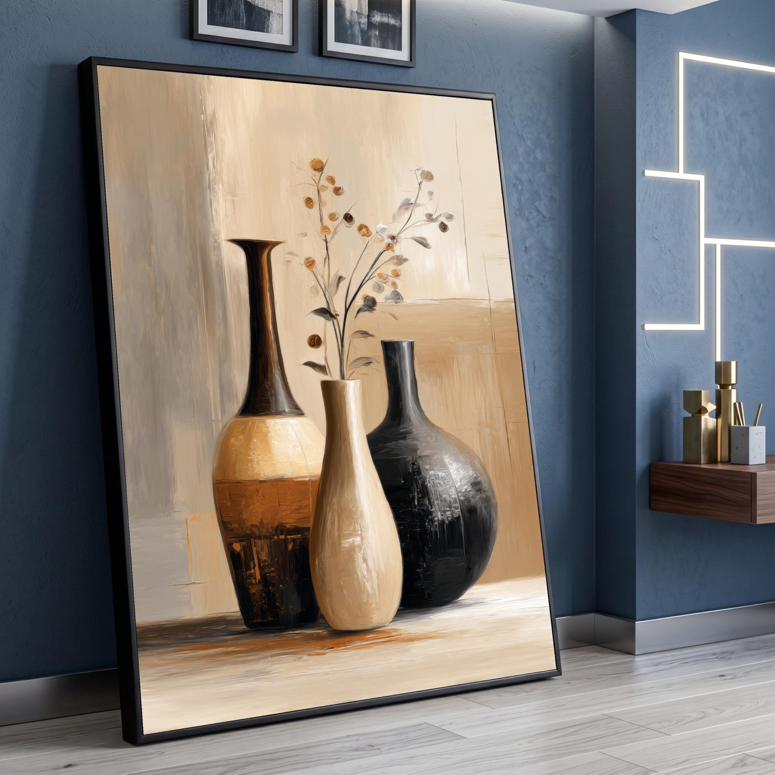 TONGYINLI Neutral Ceramic Vases Canvas, Minimalist Still Life Wall Art, Floral Posters and Prints, Cultural Home Aesthetic Decor(60x90cm/Frameless)