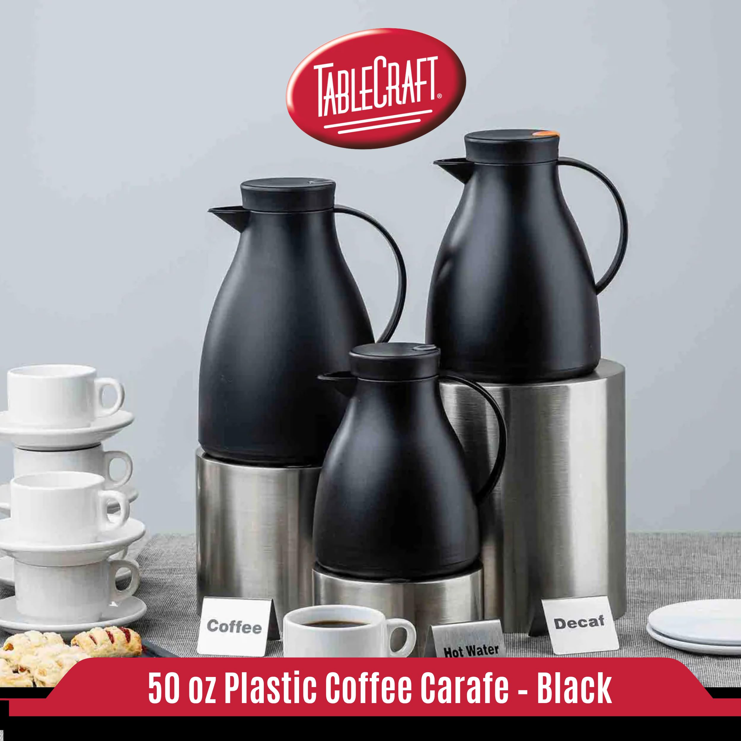 TableCraft 12667, 50 oz (1.5 L) Plastic Coffee Carafe with Glass Liner, Black Frosted Vacuum Insulated Coffee Dispenser with Push Press Lid, Lightweight, Ideal for Diners, Cafes & Restaurants