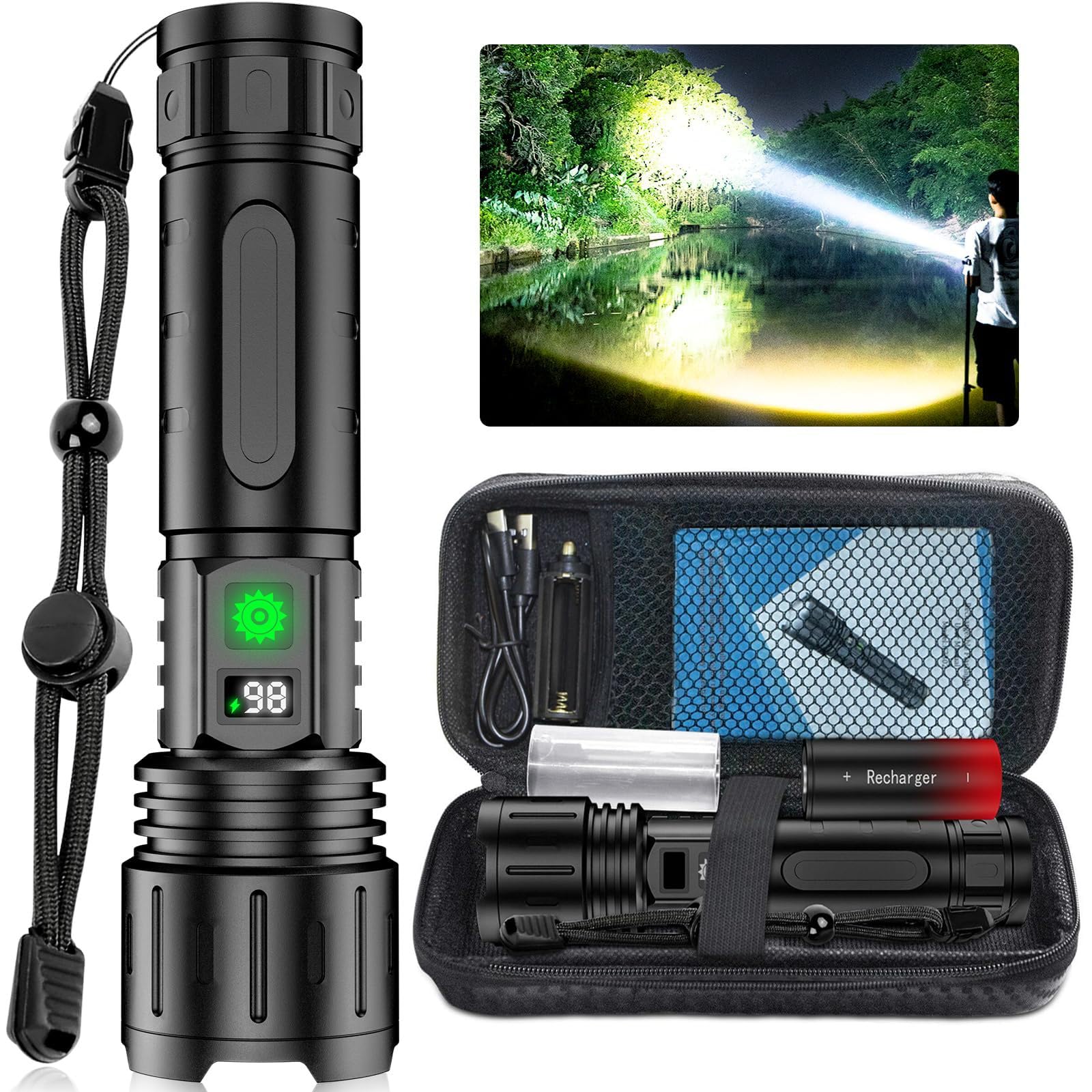 SWZEC Notfallpro Taschenlampe Weltweit Hellste LED – 100000 Lumen, Wasserfest, AluminiumWasserfest, Aluminium(Schwarze Ledertasche + Ba)