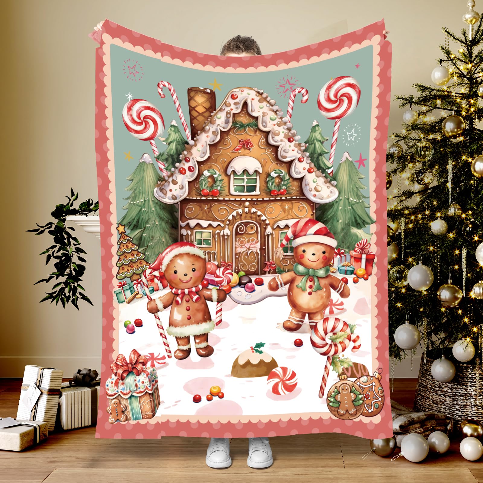 Christmas Gingerbread House Throw Blanket Candy Cane Farmhouse Gift Gingerbread Man Wreath Brown Flannel Heavy Big Fluffy Couch for car Indoor Living Room Throw Blanket 60x80inch