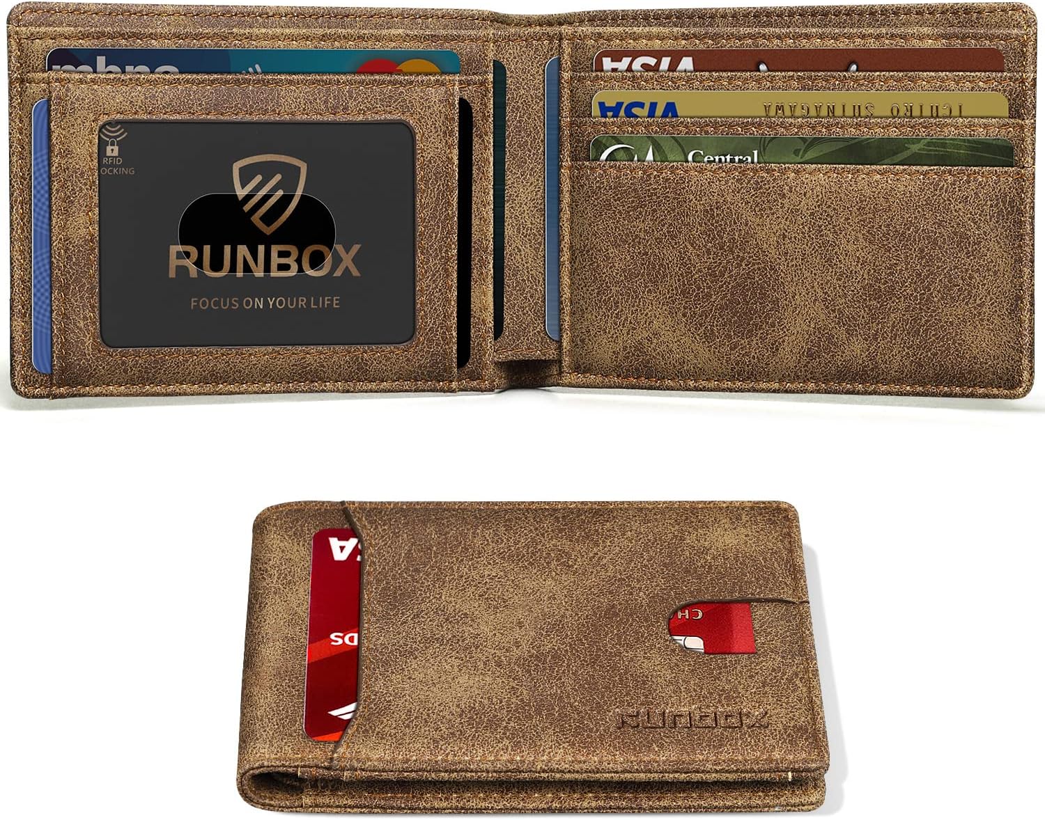 RUNBOX Wallet for Men Slim 11 Credit Card Holder Slots Leather RFID Blocking Small Thin Men's Wallet Bifold Minimalist Front Pocket Large Capacity Gift Box, crazy horse khaki, small, Minimalist