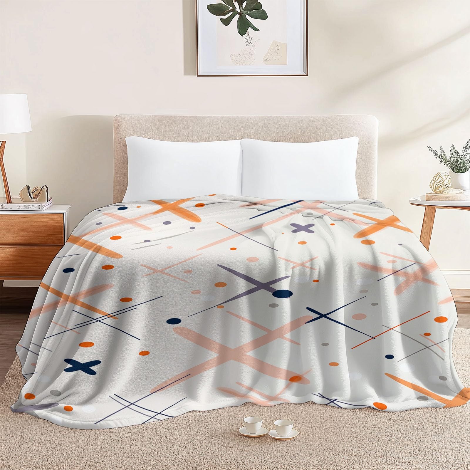 Couverture Polaire Moelleuse et Chaude Motif Géométrique Beige Orange pour Lit