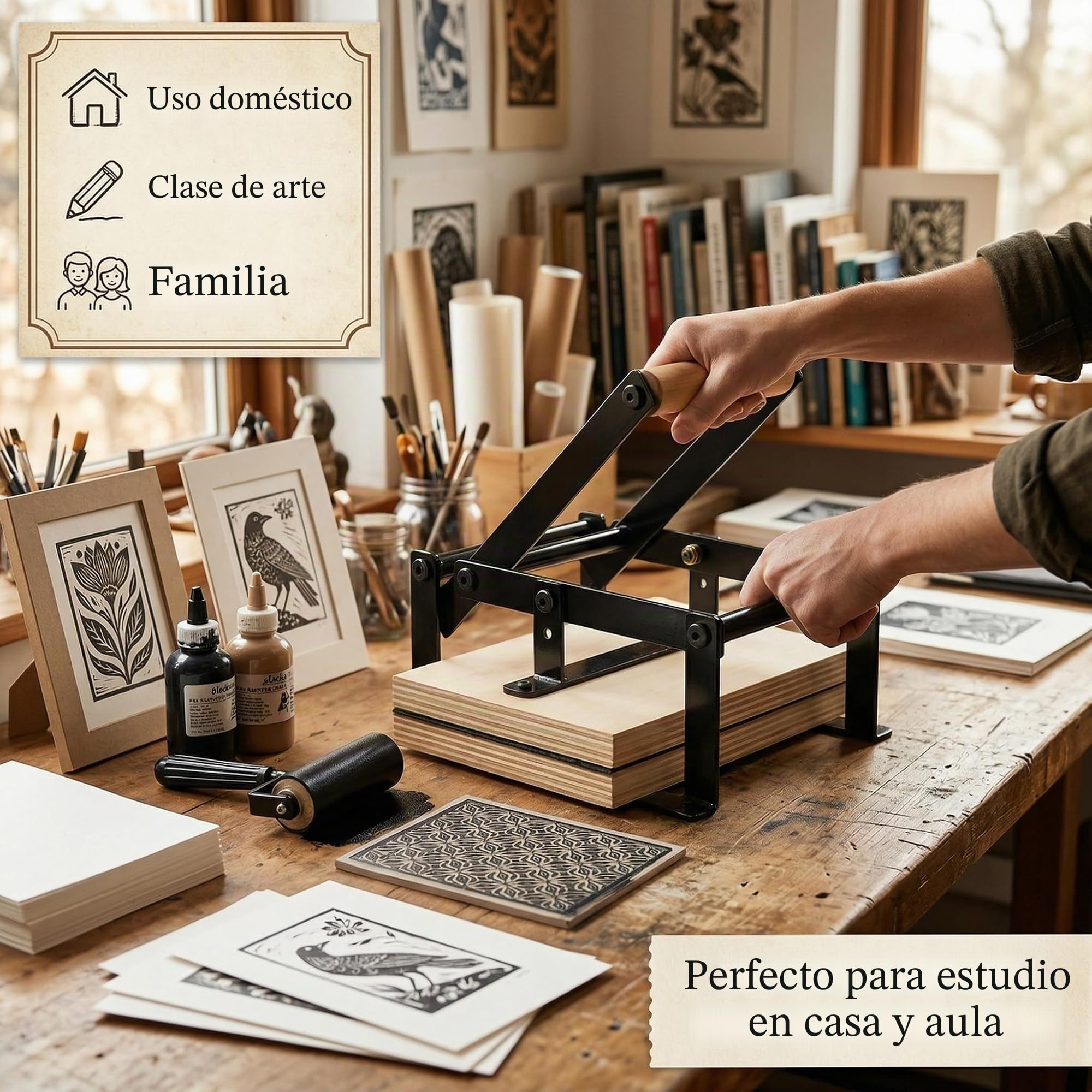 Máquina de prensa de palanca de mano Linocut con rodillos y almohadillas de fieltro para cortes de lino, impresión de corte, bloques de linóleo, kit de herramientas de impresión para máquina