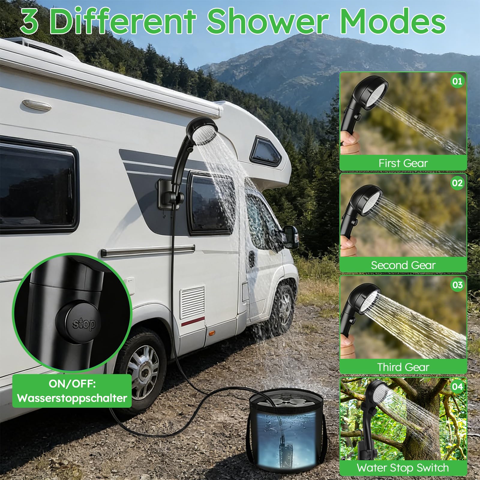 Doccia da Campeggio con Secchio Pieghevole 20L, 6000 mAh Doccia Ricaricabile Portatile con Doppio Display Digitale e Temperatura, Impermeabile IPX7 Doccia Esterna per Spiaggia, Auto, Animali, Giardino