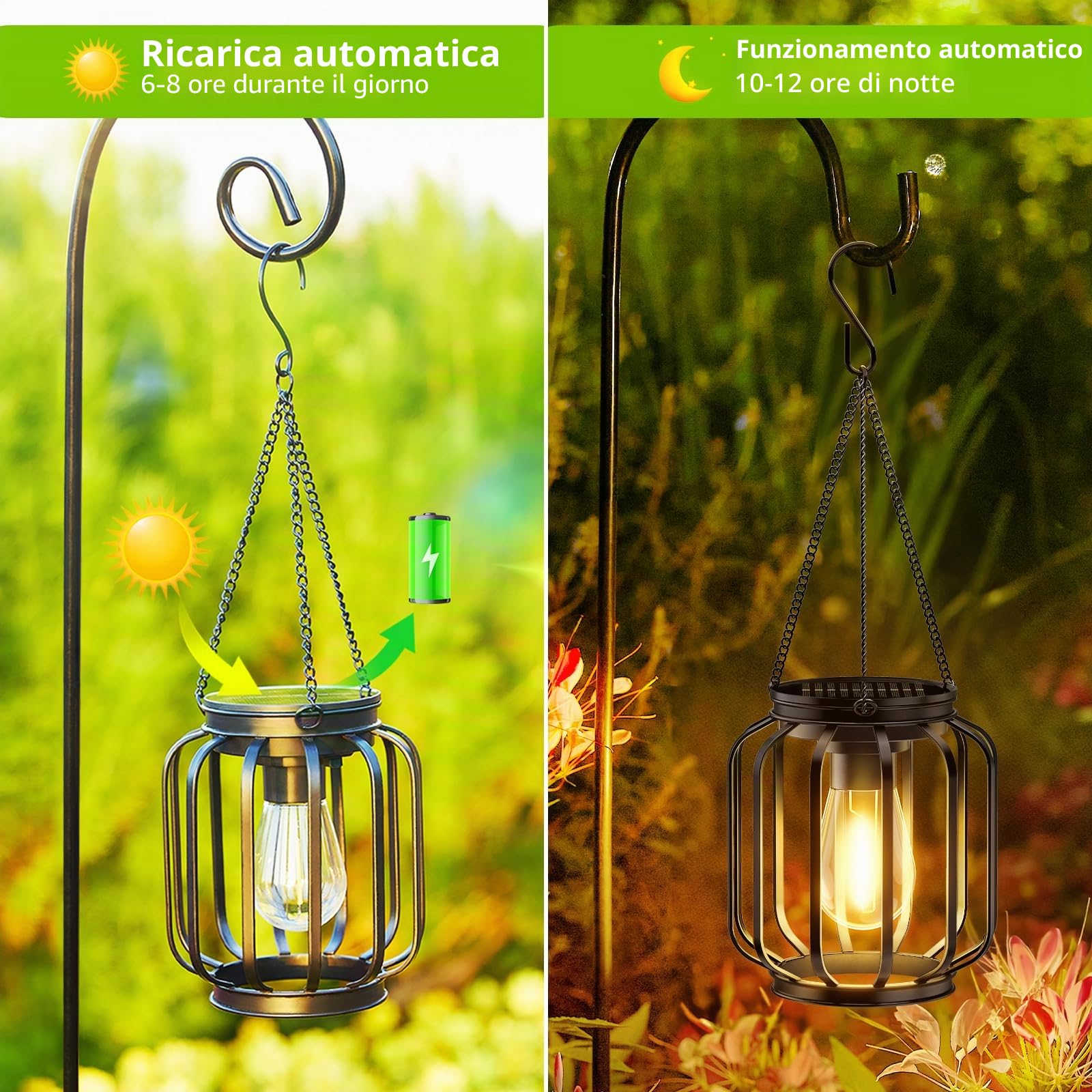 BUCASA Lanterne solari da giardino all'aperto, con catena e gancio, in metallo impermeabile, per vialetto