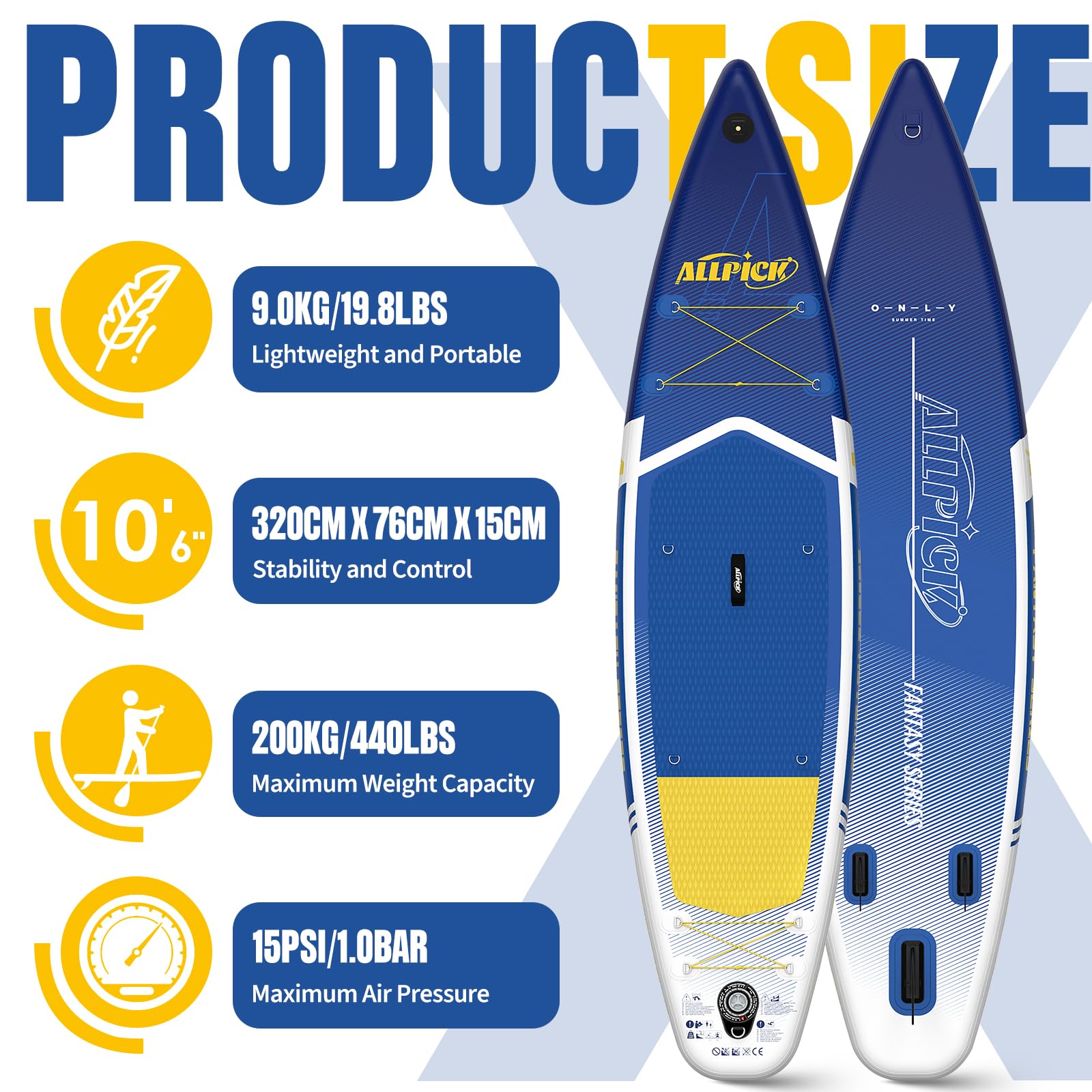 ALLPICK Sup Gonfiabile, Stand Up Paddle Board Gonfiabile, Con Supporto Universale per Fotocamera, Accessori Completi, Tavola da Sup Surf, Principianti e Avanzati, 150kg/180kg