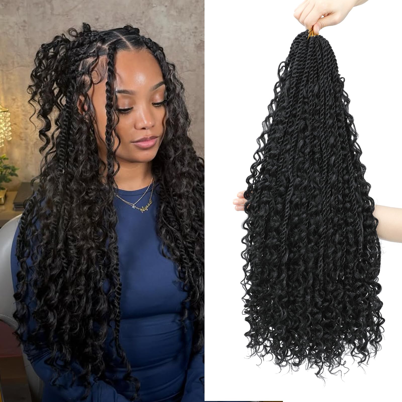 Auxemuen Senegalese Twist Crochet Hair 8Packs Boho Island Twist Crochet Hair with Curly Ends 16Inch Pre Looped Goddess Crochet Twists Hair Extensions for Black Women(1B)