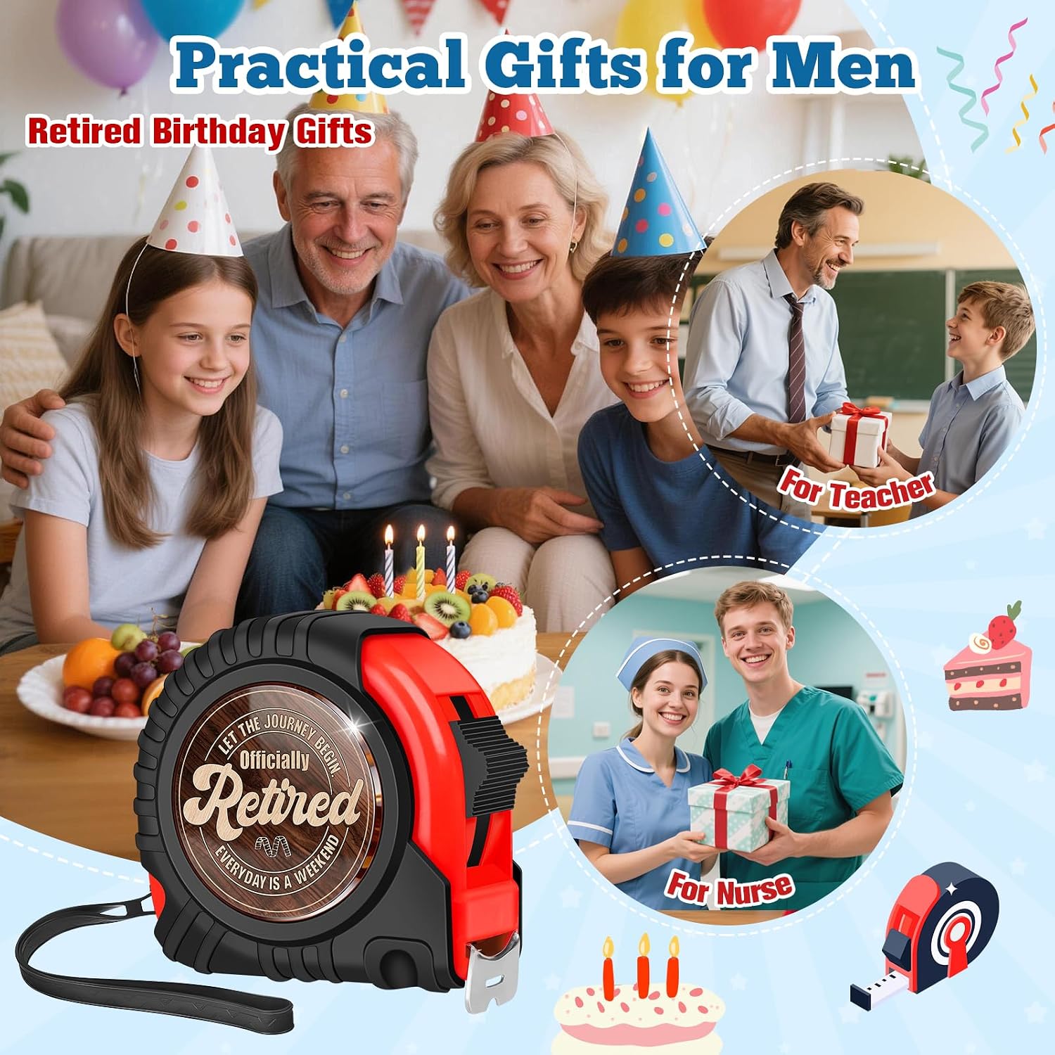 Happy Retirement Gifts for Men 2026, 25 FT Tape Measure | Funny Retired Gift for Retiring Teachers Nurse Dad Coworker Boss Retirees, , Best Retirement Goodbye Farewell Presents Basket