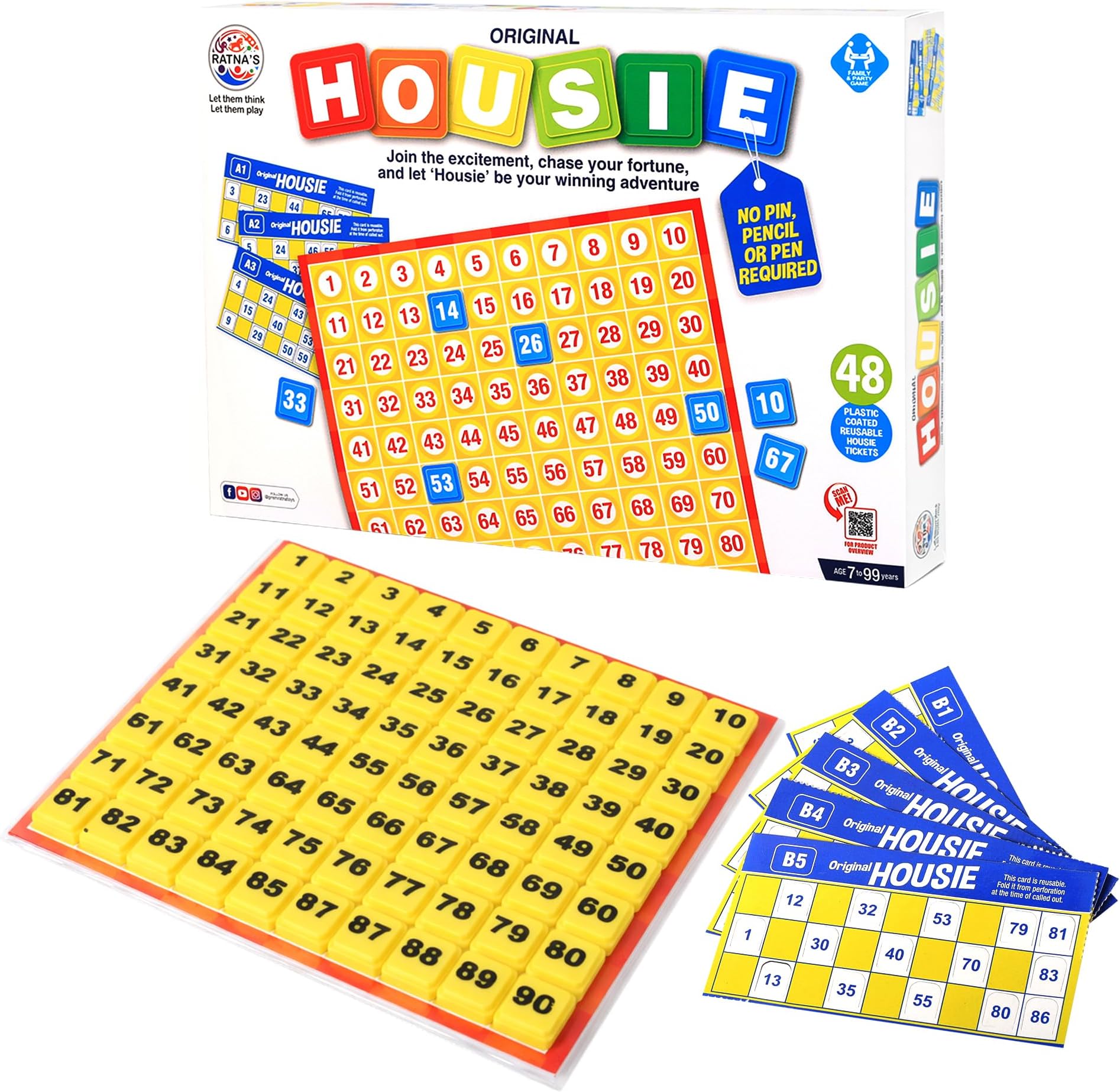 - RATNA'S Original Housie Game Set with 48 Reusable Tickets, 90 Number Tiles, 1 Number Board, Tambola Party Games for Kids & Adults