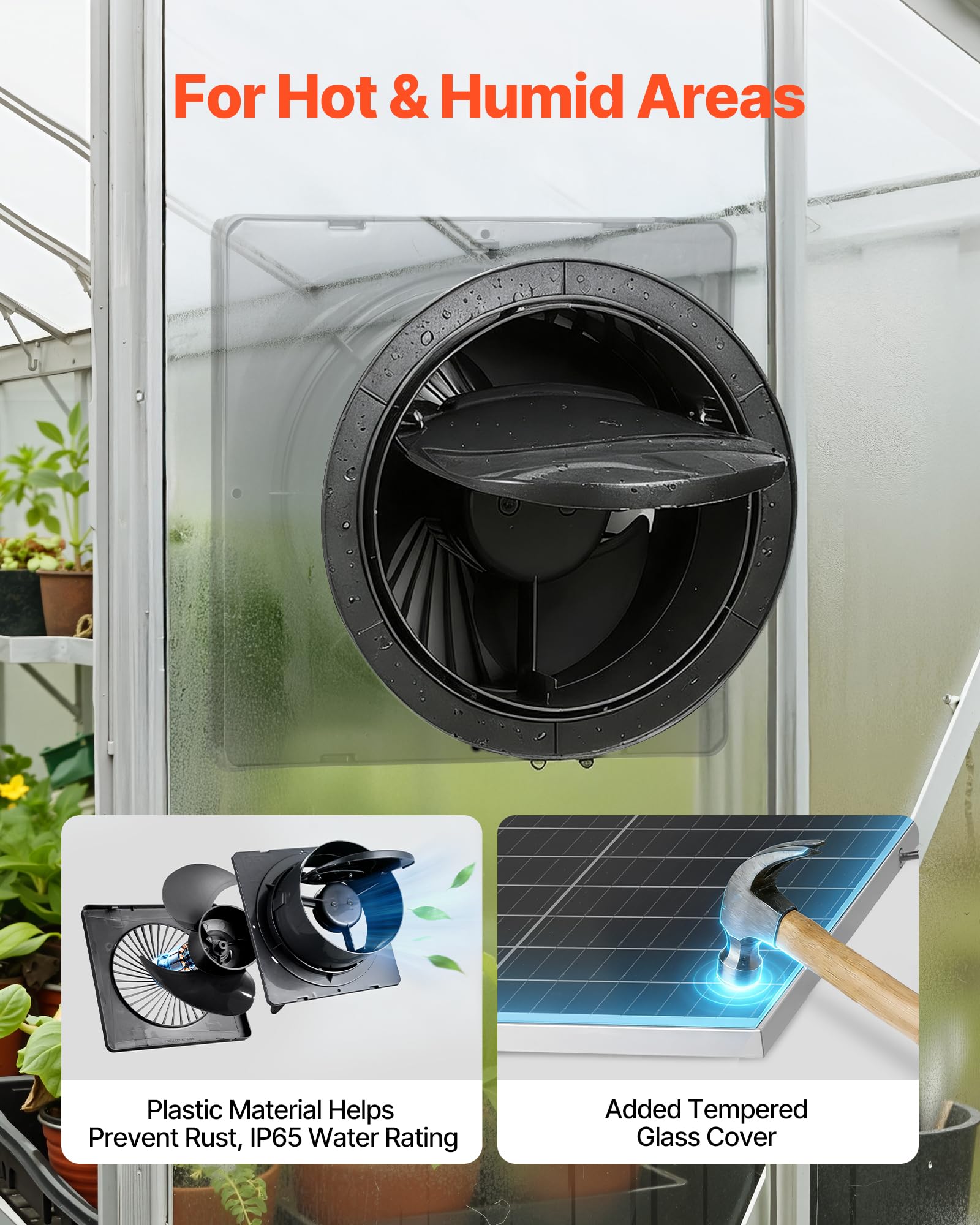 VEVOR Ventilateur Solaire avec Panneau Solaire 20 W et Batterie, Extracteur d'air, Débit d'air 374 m³/h, Angle Réglable, pour Serre, Tente de Culture, Poulailler et Abri, Boîtier en Alliage d'Alu