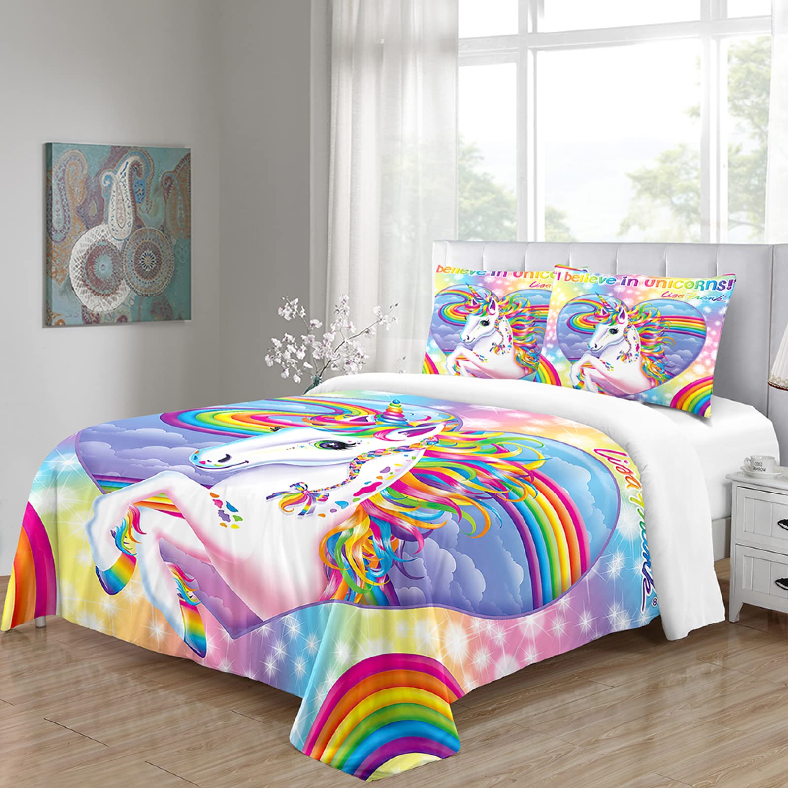 Homemissing Arc-en-Ciel Licorne Housse de Couette Cartoon Licorne Daisy Parure de Lit 220x240cm pour Enfants Filles Cute Animal Parure Housse de Couette Botanical Floral avec 2 taies d'oreiller