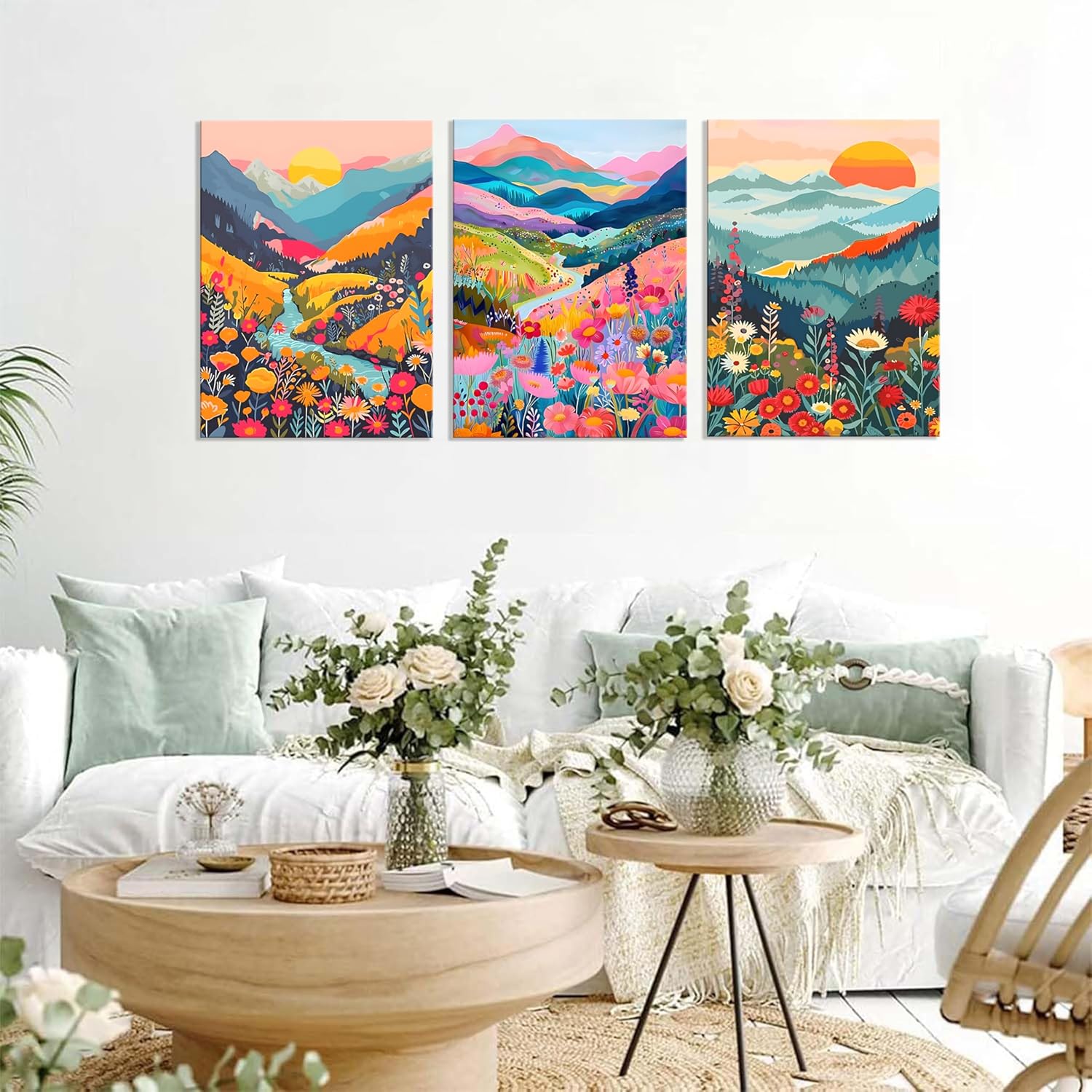 Colorful Watercolor Mountain Canvas Wall Art Set of 3 Boho Flower Picture Wall Decor Abstract Nature Landscape Artwork Paintings Posters Print for Living Room Bedroom Office 16x12In Framed