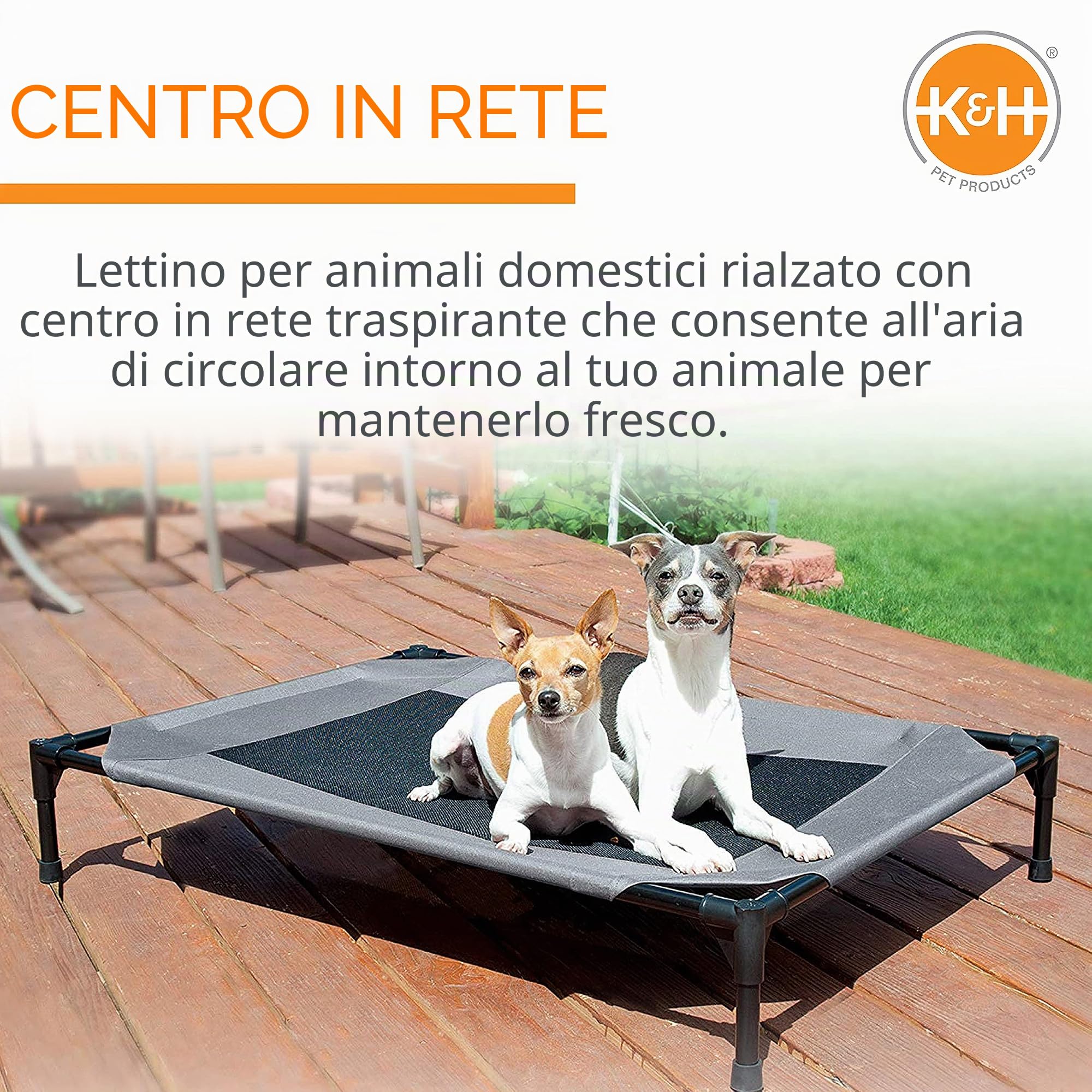 K&H Prodotti per animali domestici, letto rialzato per cani con rete traspirante lavabile, piedini in gomma antiscivolo, lettino portatile per interni ed esterni, rete grigia/nera