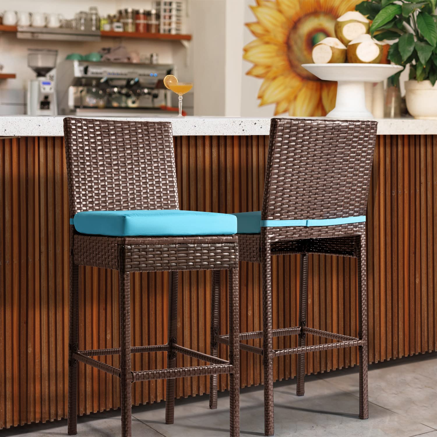 Outdoor Patio Stools & Bar Chairs Set of 2 Wicker Woven Outdoor Bar Stools Bar Height Chairs High Back with Footrest Armless Cushion Blue All Weather