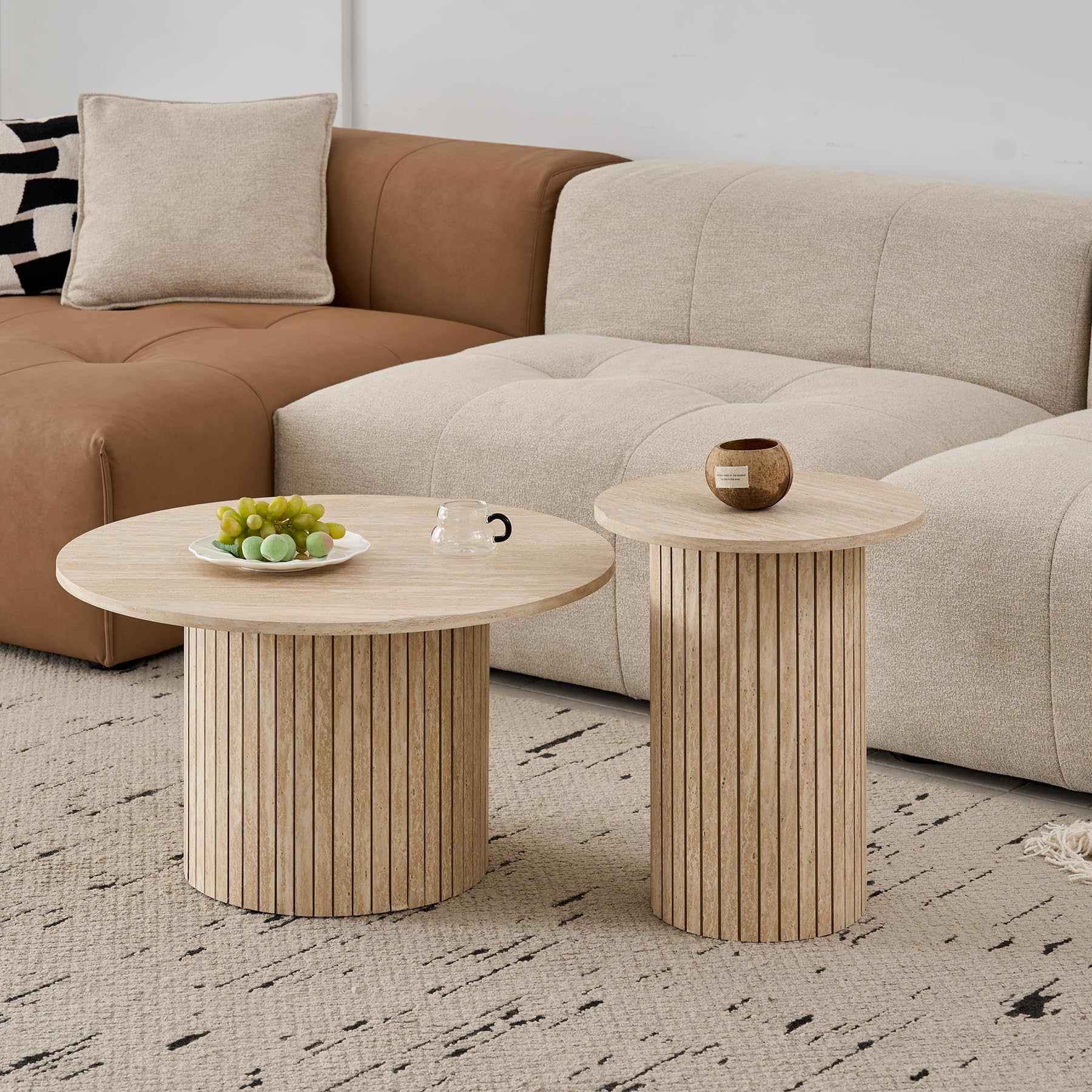 GrandCA HOME 2er-Set Runder Couchtische, Runder Sofa-Beistelltisch, MDF-Platte mit Holzlattenrost, Geeignet für Wohnzimmer und Büro (Gelber Travertin)