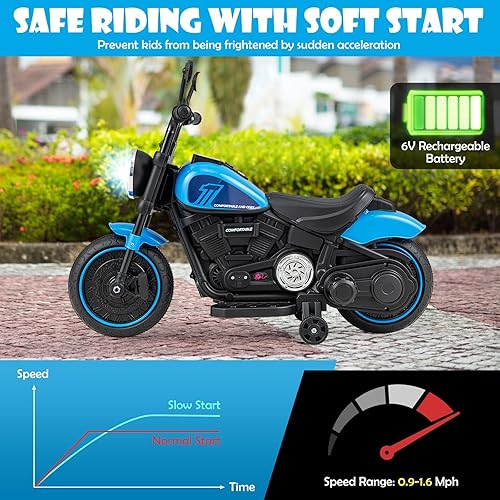 Miniatura 6 de HONEY JOY Motocicleta de paseo de 6 V con luz LED, música, pedal de pie, adelanteatrás, arranque suave, motocicleta eléctrica de 3 ruedas para