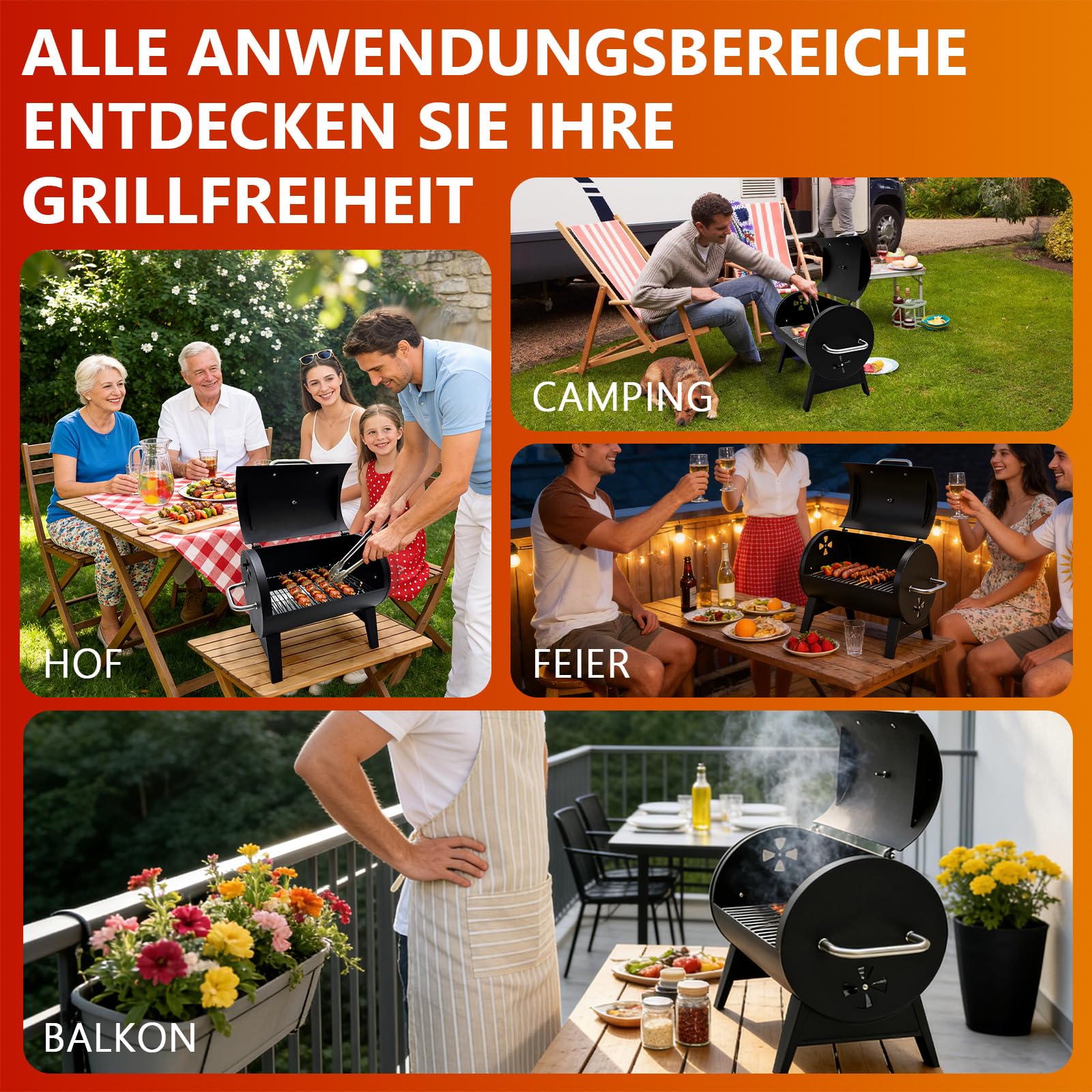 Barbecue de table avec couvercle, surface 32x43 cm | Thermomètre intégré, Pour le fumetage, Grillage en 2 parties