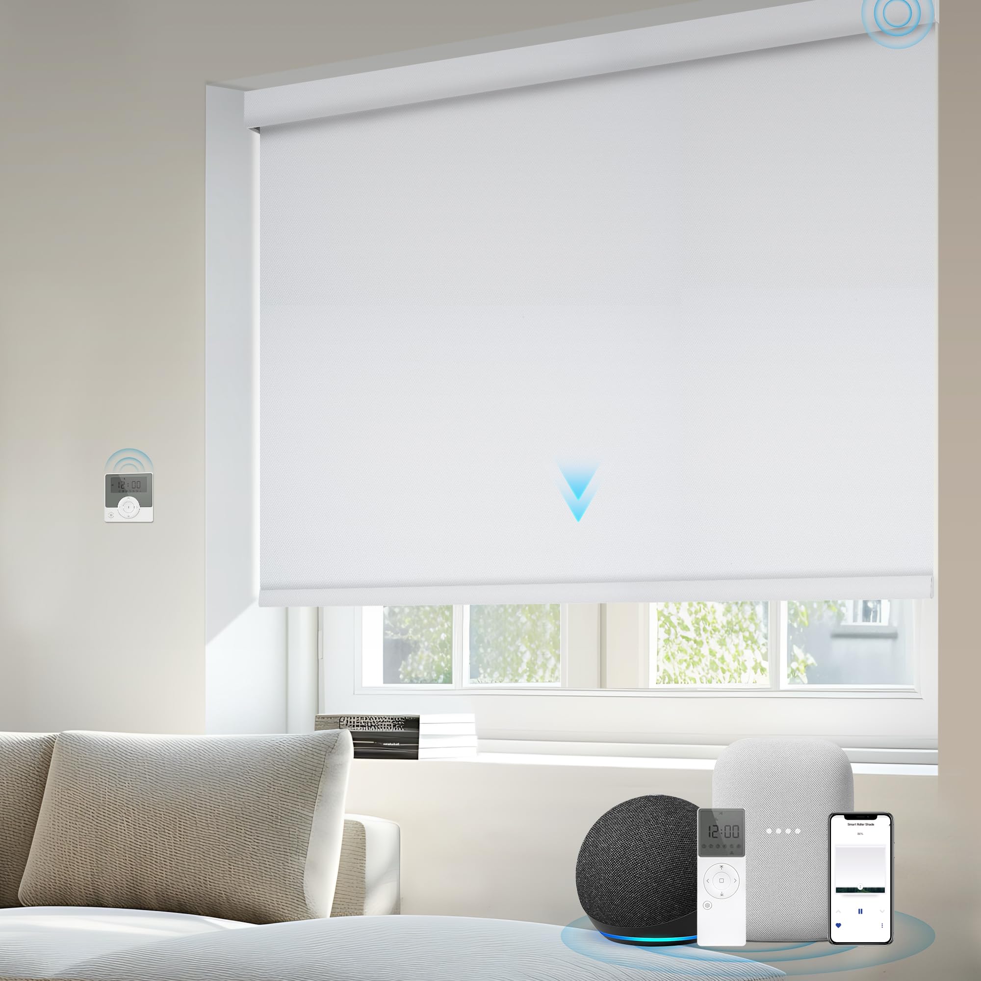 Kerxwerd Motorized Blinds Compatible with Alexa Google Custom to 115" Width 100% Blackout Smart Blind Automatic Large Window Roller Shades Remote