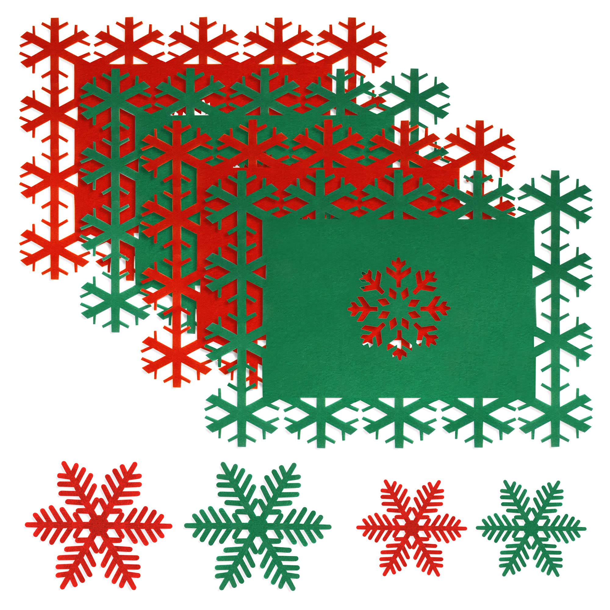 Restards Christmas Placmats Coasters Set of 8 Felt Red & Green Snowflake Shaped Xmas Dinner Mats Washable for Christmas Winter New Year Party Decorations