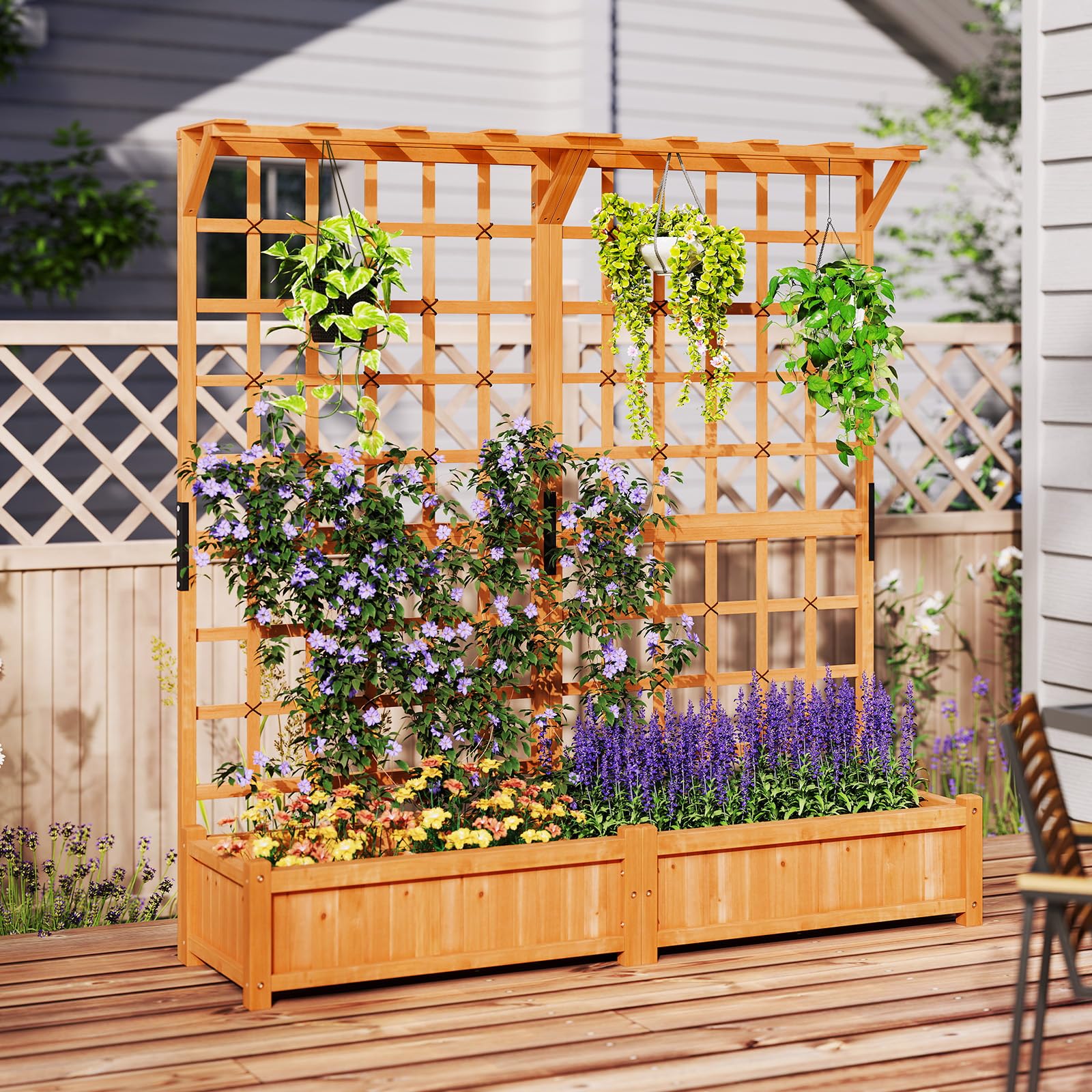 RELAX4LIFE Jardinière Surélevée avec Treillis 183CM, Jardinière sur Pied en Bois avec 4 Trous de Drainage, Conteneur de Plantes Vertical Pourvignes Grimpantes, Naturel
