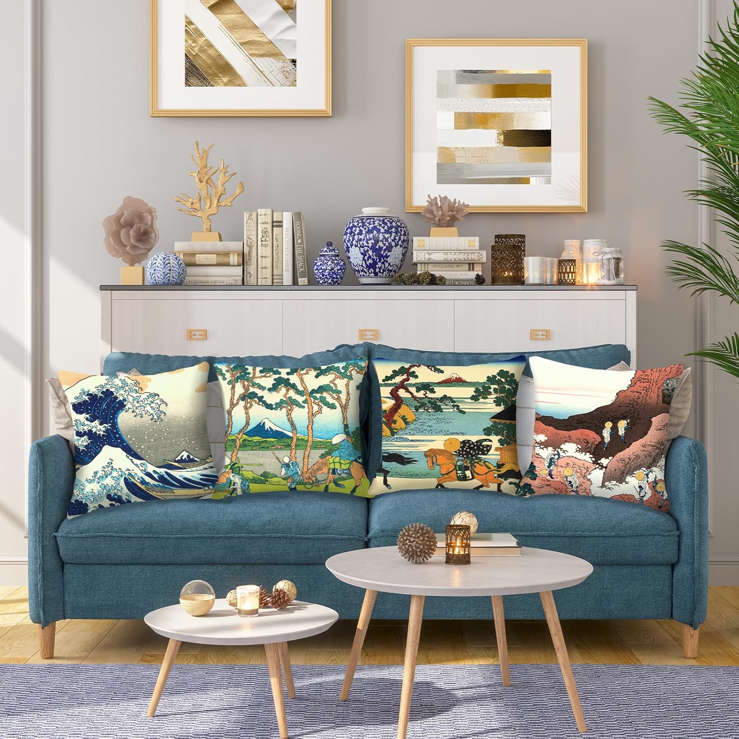 HOSTECCO Hokusai Painting Pillow Covers 18x18 inches Set of 4 Japanese Art Painting Pillow Cases The Great Wave Off Kanagawa Pattern By Hokusai Decorative Cushion Covers for Sofa Couch