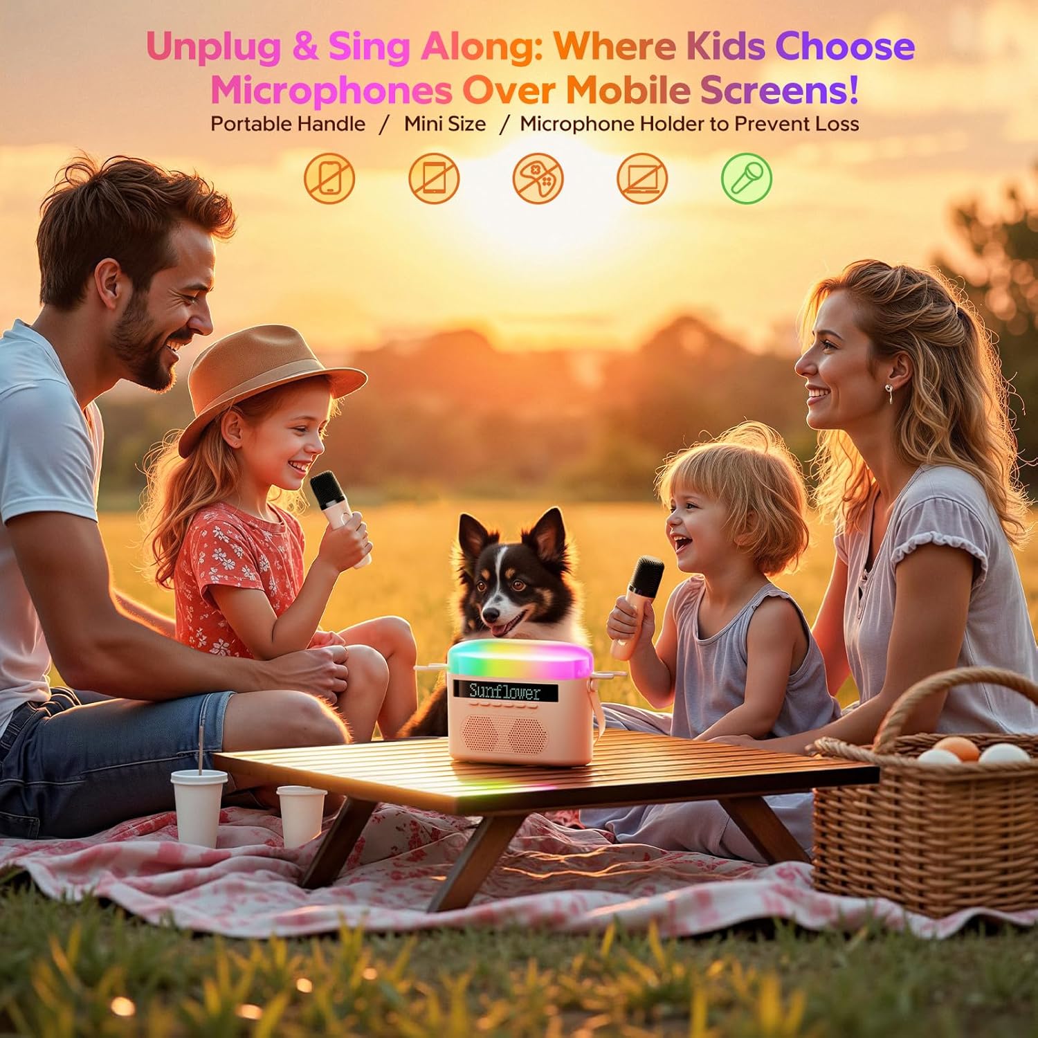 Karaoke Machine for Kids & Adults with 2 Wireless Mics 2400mAh Portable Bluetooth Karaoke Speaker with Timer White Noise & Night Light High Power Dual Speaker LED Display Home & Outdoor Party - Pink - Image 7