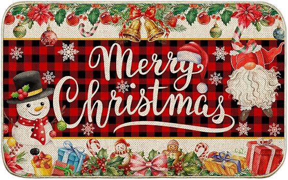 Christmas Door Mat, Merry Christmas Snowman Outdoor Mat for Front Door, Farmhouse Gnomes Buffalo Plaid Winter Non Slip Welcome Doormat Indoor Entryway Floor Rug for Entrance Outside Home, 17x29