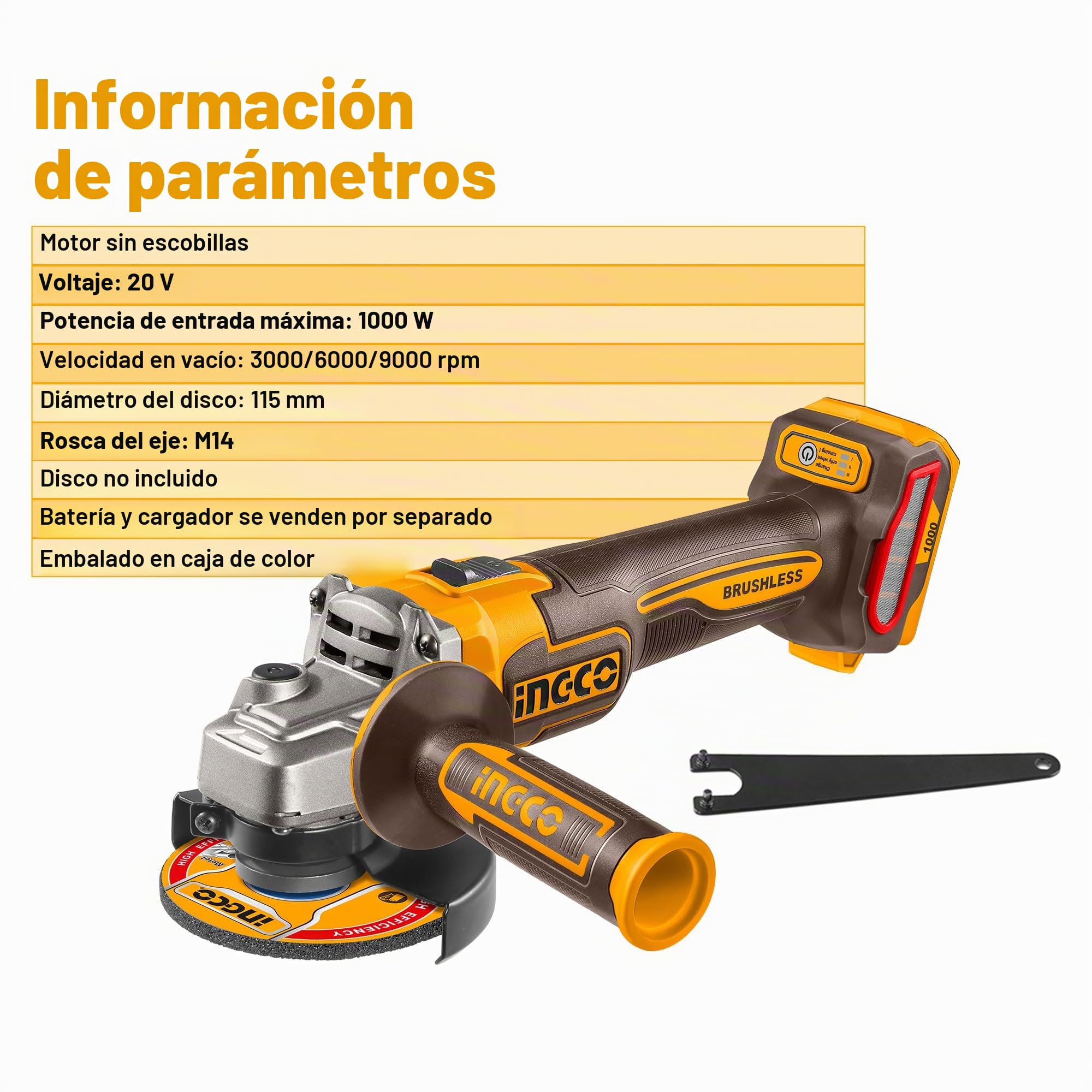 INGCO Amoladora angular inalámbrica de 20 V (producto solo) 115 mm, 1000 W, motor sin escobillas, variable de 3 velocidades, 3000/6000/9000 rpm para cortar, pulir y afilar CAGLI27153