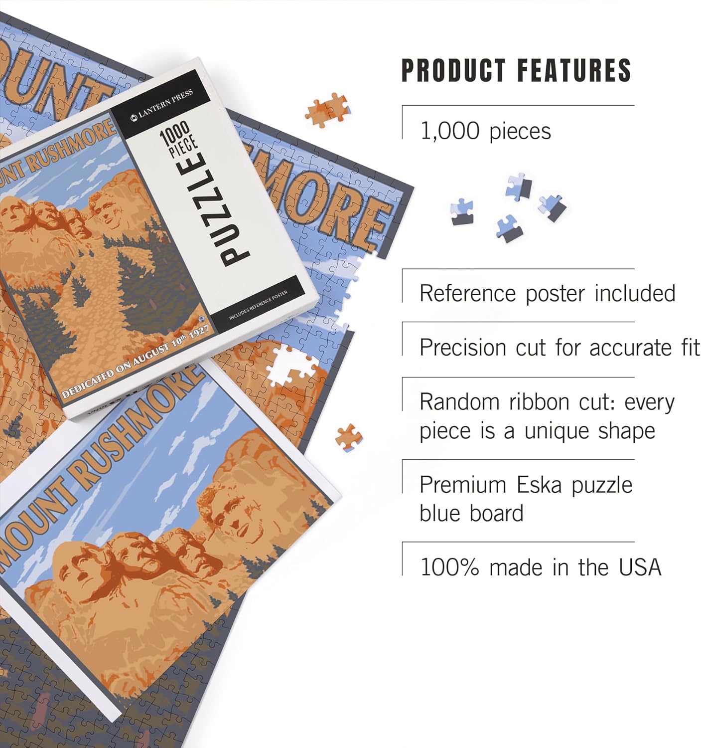 Lantern Press Mt Rushmore National Memorial, South Dakota 1000 Piece Jigsaw Puzzle for Adults, Made in USA with Reference Poster