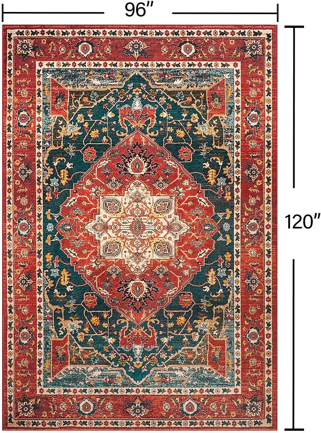 YJ.GWL Area Rugs for Living Room 8x10 Machine Washable Rugs, Non Slip Floral Vintage Rug Indoor Carpet, Stain Resistant Large Rug for Bedroom Dining Room, Orange-Red