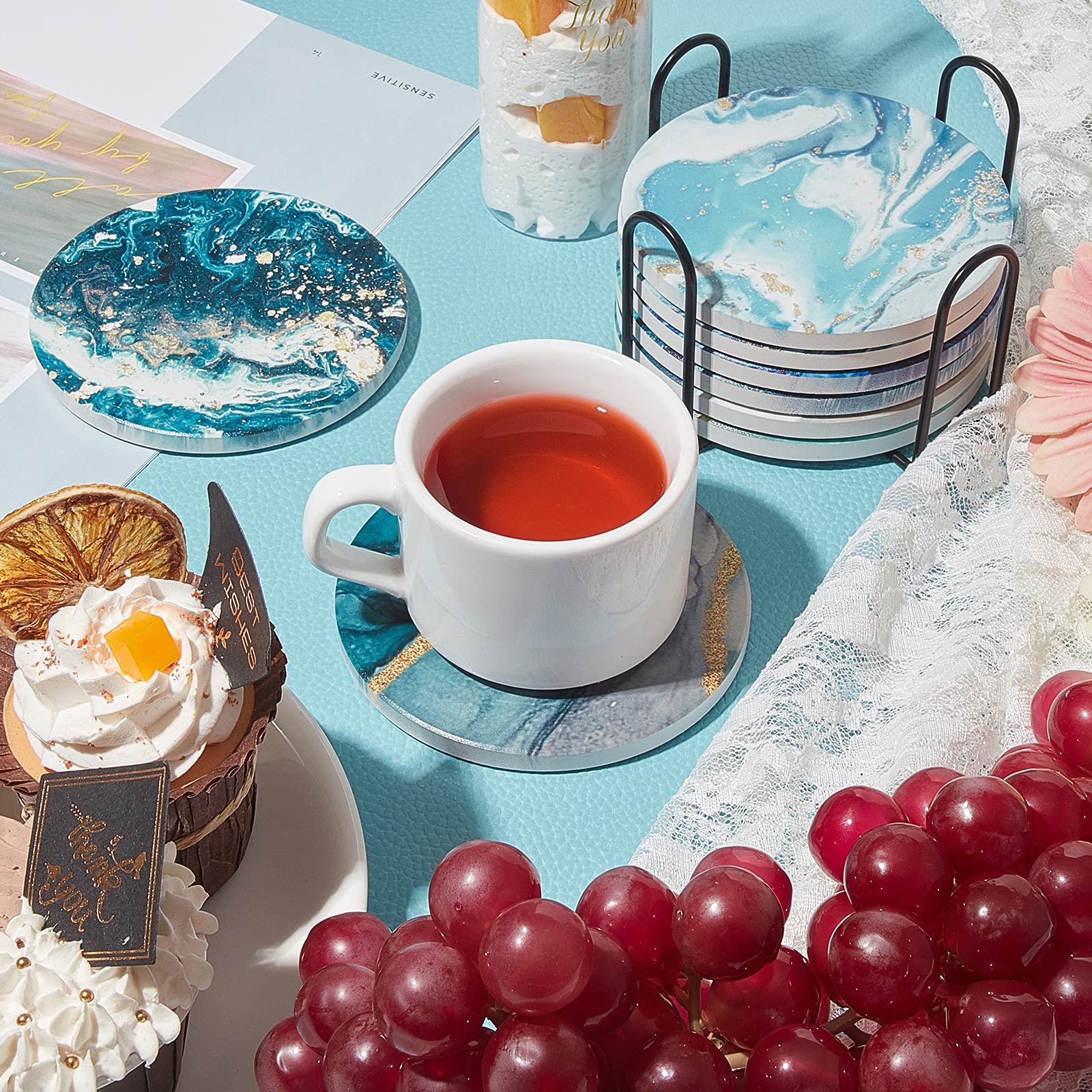 Dessous De Verre Motif Marbre Lot De 8 Dessous De Verre Hexagonaux Céramique - Motif Marbre - Support Métal Inclus Dessous Verre Céramique