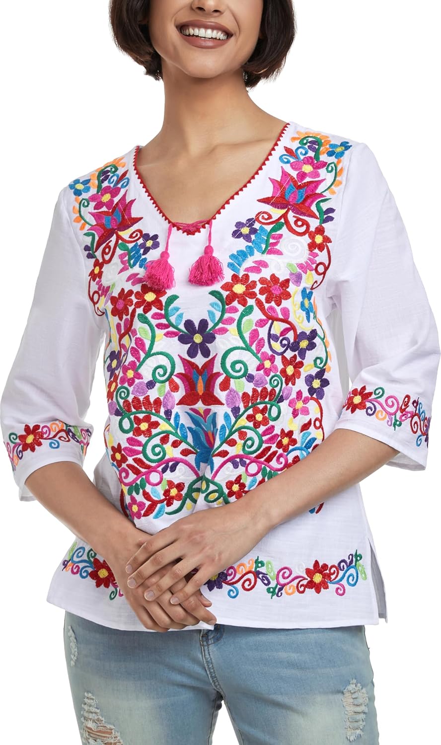 YZXDORWJ Women's Summer Embroidered Mexican Shirts Short Sleeve Casual Tops Blouse - Image 7