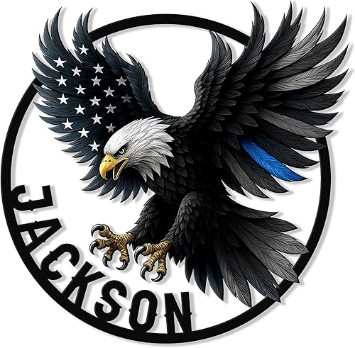 Miniatura 13 de Letrero personalizado de metal de policía, bandera estadounidense delgada de línea azul, letrero colgante de bienvenida al aire libre para porche –