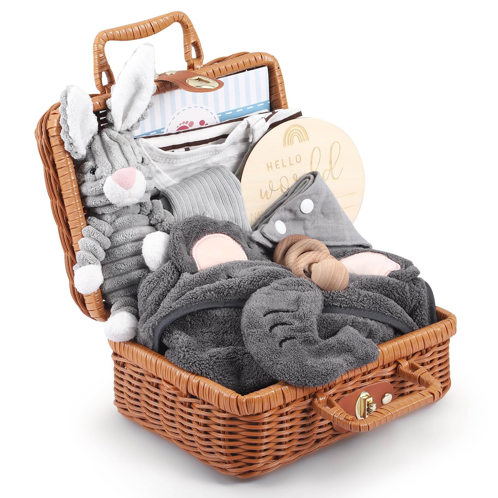 Windeltorte Baby Geschenkset Neutral - 9-teiliges Neugeborenen Set mit Graues Hasen Plüschtier & Holz Rassel - Geburtsgeschenk in Bambus Box für Jungen Mädchen Baby Party