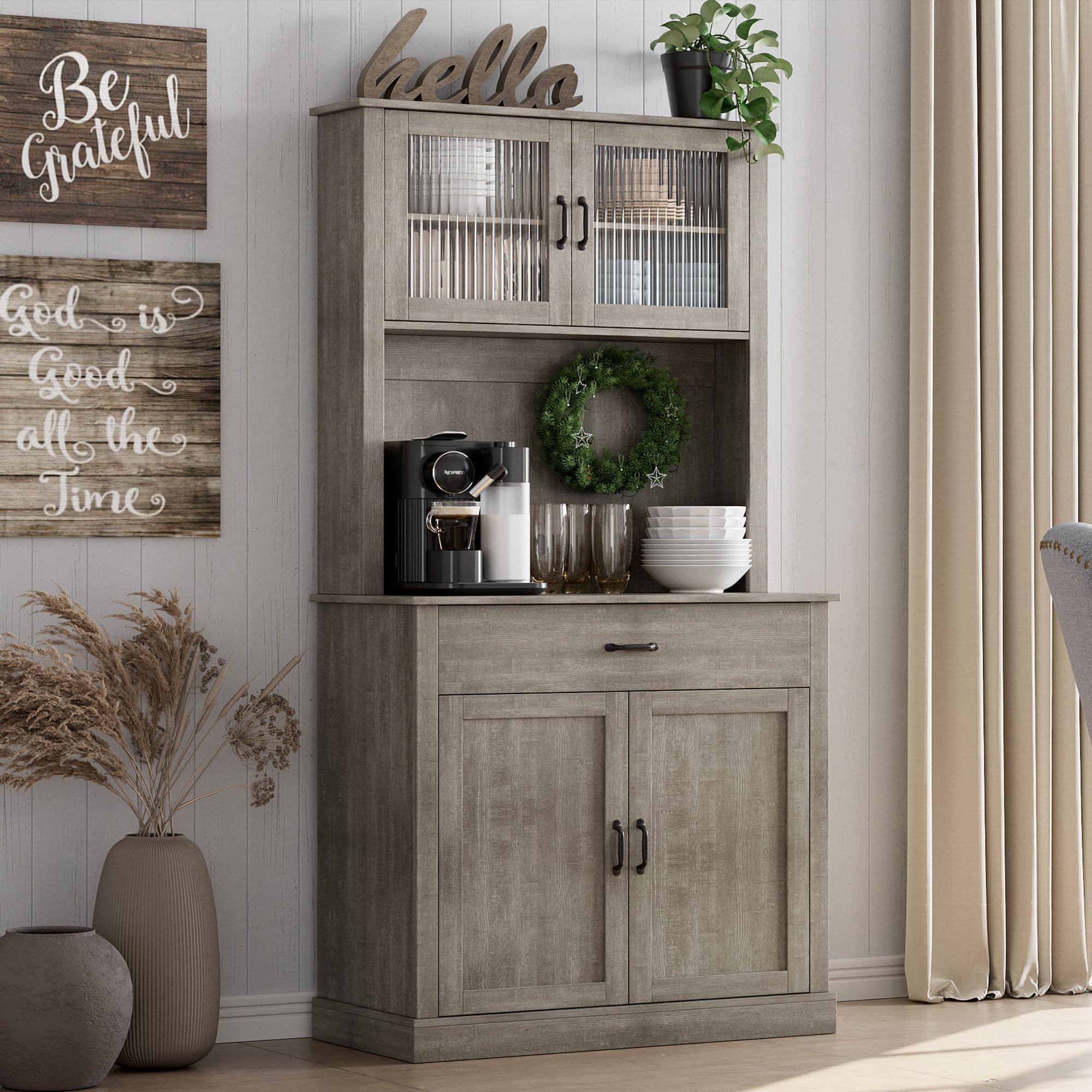 GarveeHome Kitchen Pantry Cabinet, 71 in Tall Kitchen Hutch Storage Pantry with Microwave Stand, Freestanding Buffet with Shelves and Glass Doors for