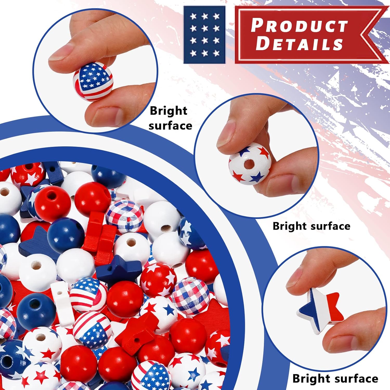 Whaline 200 Pcs 4th of July Patriotic Wooden Beads Red Blue White Star American Flag Plaid Craft Beads with String for Independence Day Memorial Day DIY Craft Garland Tiered Tray Fireplace Home Decor