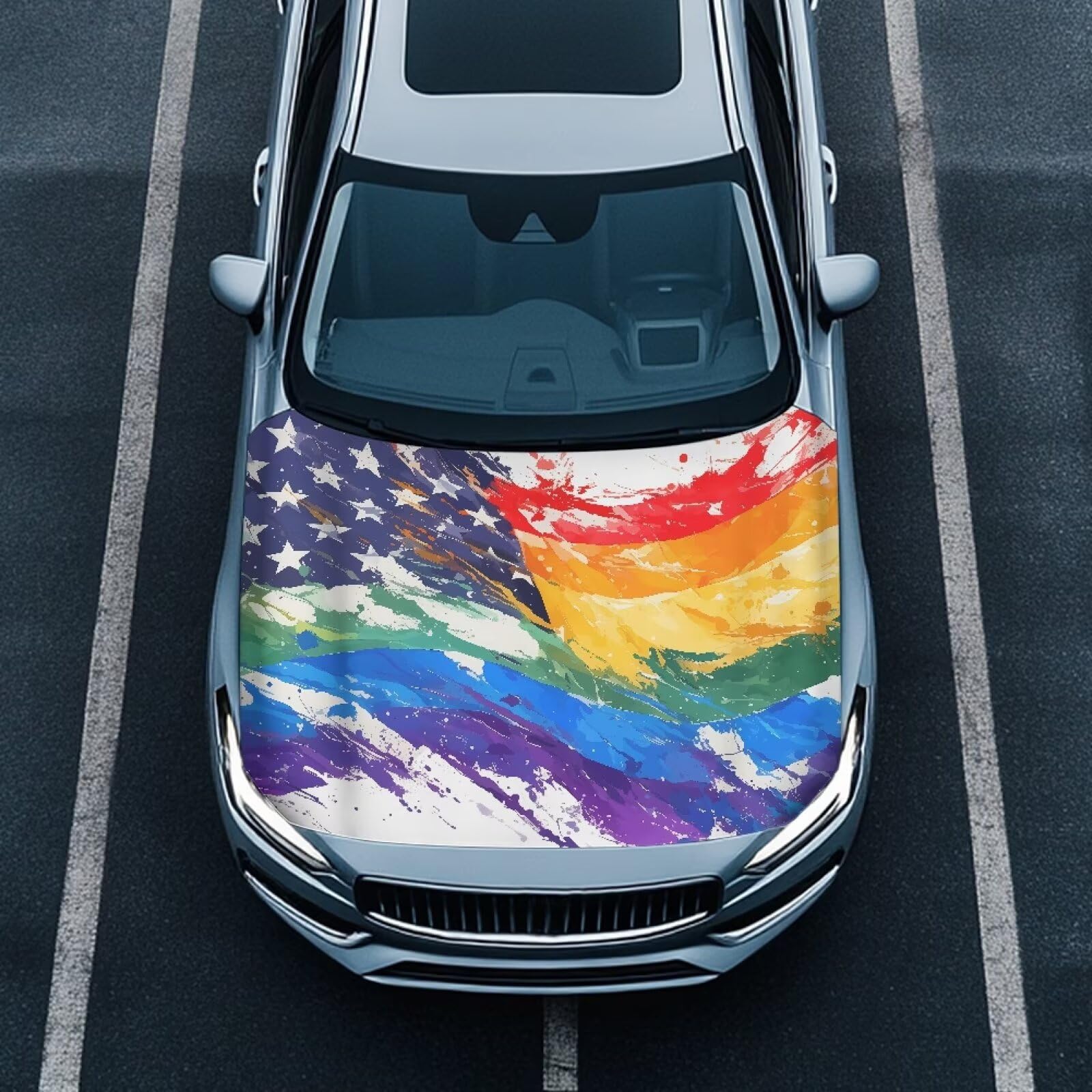 Rainbow American Flag Car Hood Cover, Washable Elastic Watercolor Wave American US Flag Auto Hood Protector Stretchable Polyester Fabric, Car Bonnet All-Season Protection