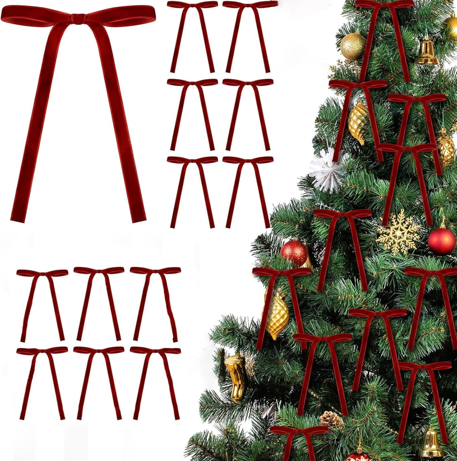 24 Pcs Velvet Christmas Tree Bows Ornaments, Vintage Velvet Ribbon Bows for Tree, Wreath & Garland, Classic Holiday Ribbon Decor for Indoor Xmas Decorations and Gift Wrapping