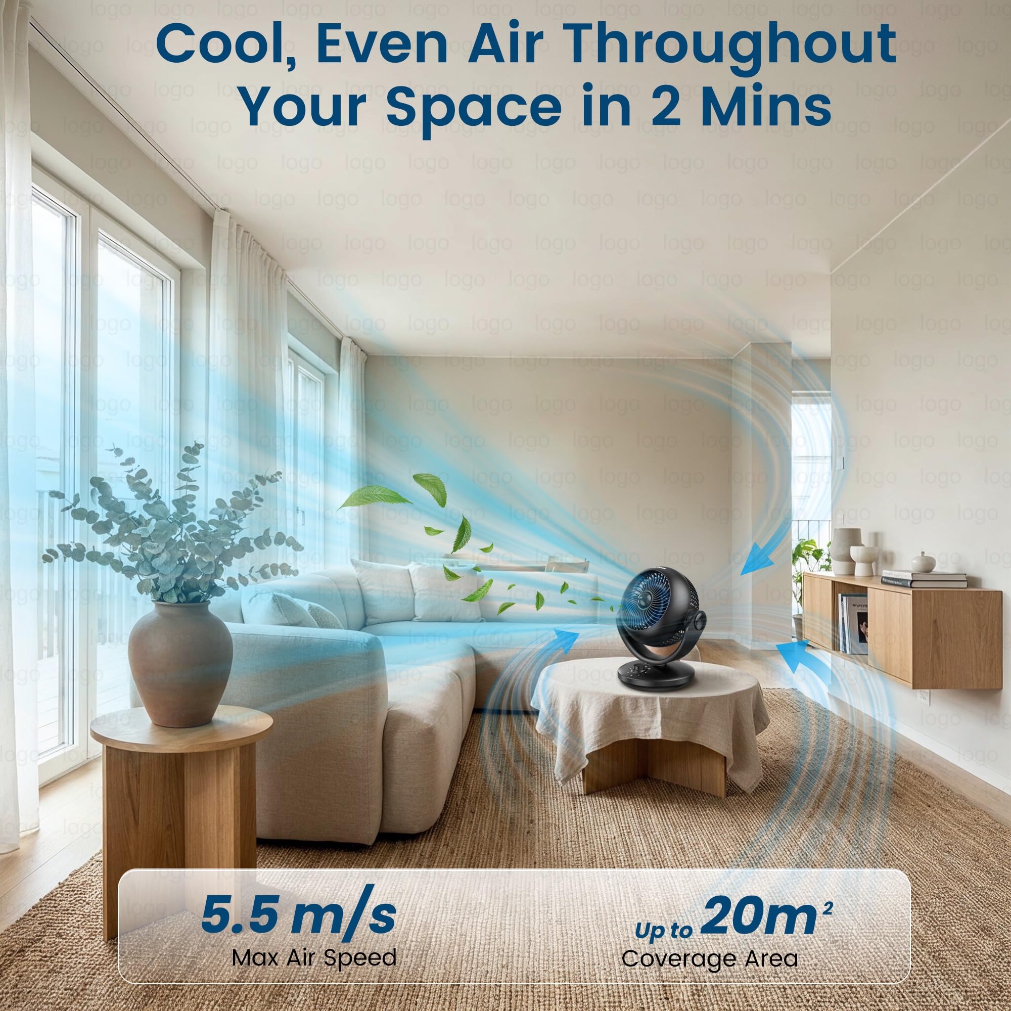 Ventilator Leise, 22dB Tischventilator sehr Leise, Fan mit 3 Geschwindigkeiten 100/70° Verstellbare Neigung für 20m² Räume, Kraftvoll 3D Turbo Ventilatoren für Büro, Schlafzimmer, Schwarz