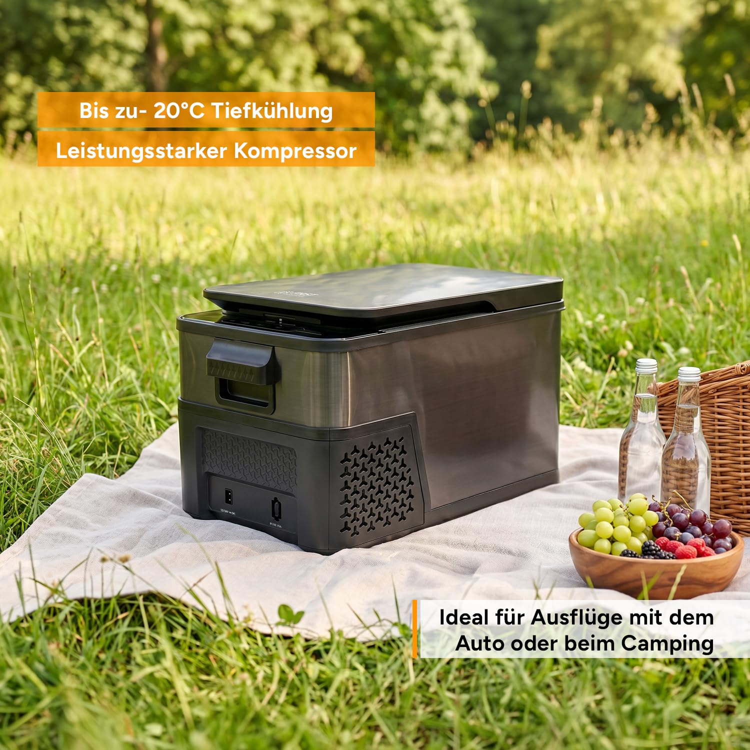 TZS First Austria Kompressor-Kühlbox 21L - bis -20°C - 46 dB - 12V 24V 230V - Anti-Fingerprint - für Auto Camping Reise - Dark Steel