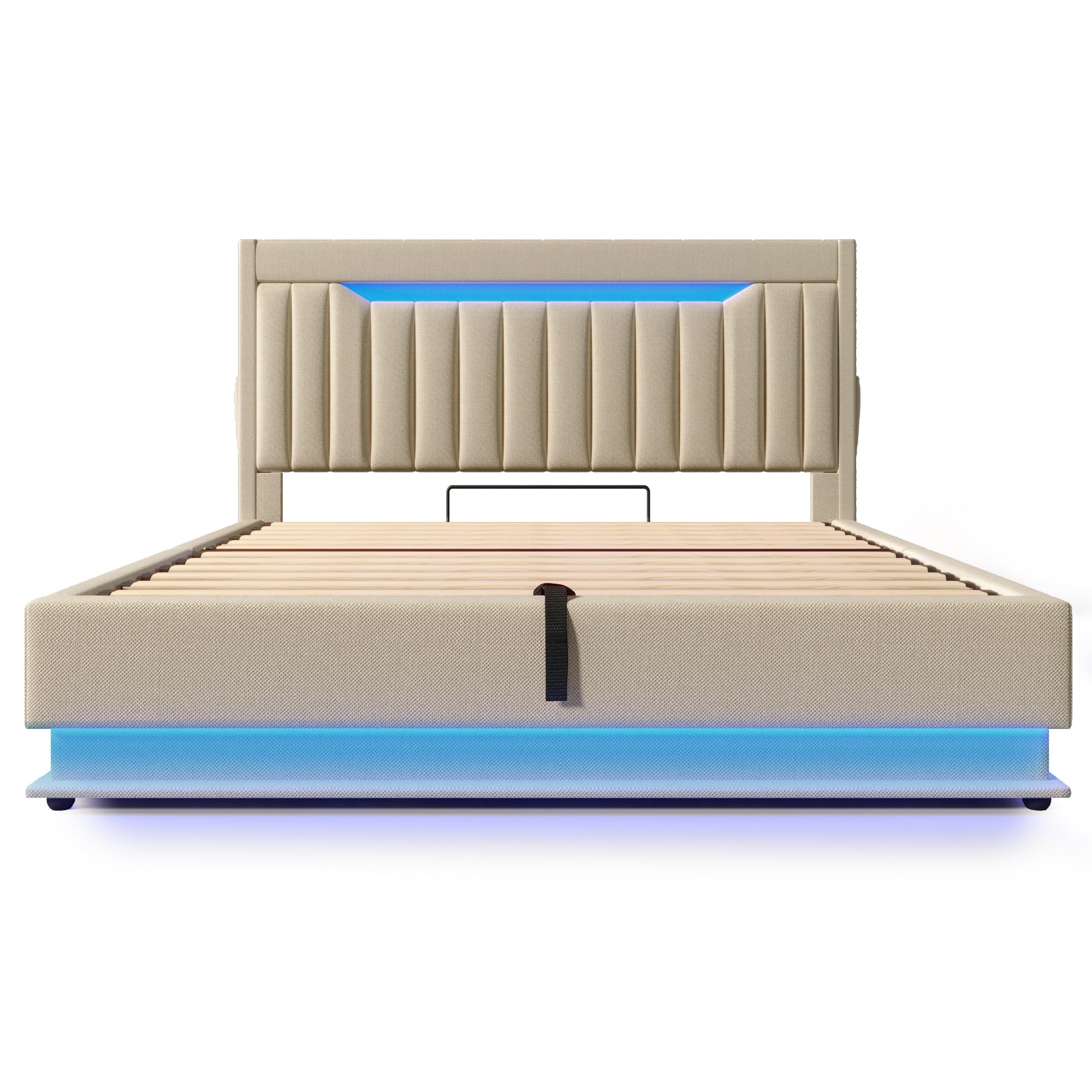Letto imbottito 180x200 cm, letto matrimoniale con contenitore idraulico e illuminazione a LED, letto contenitore, testiera con vano portaoggetti e funzione di ricarica USB e USB-C, tessuto di