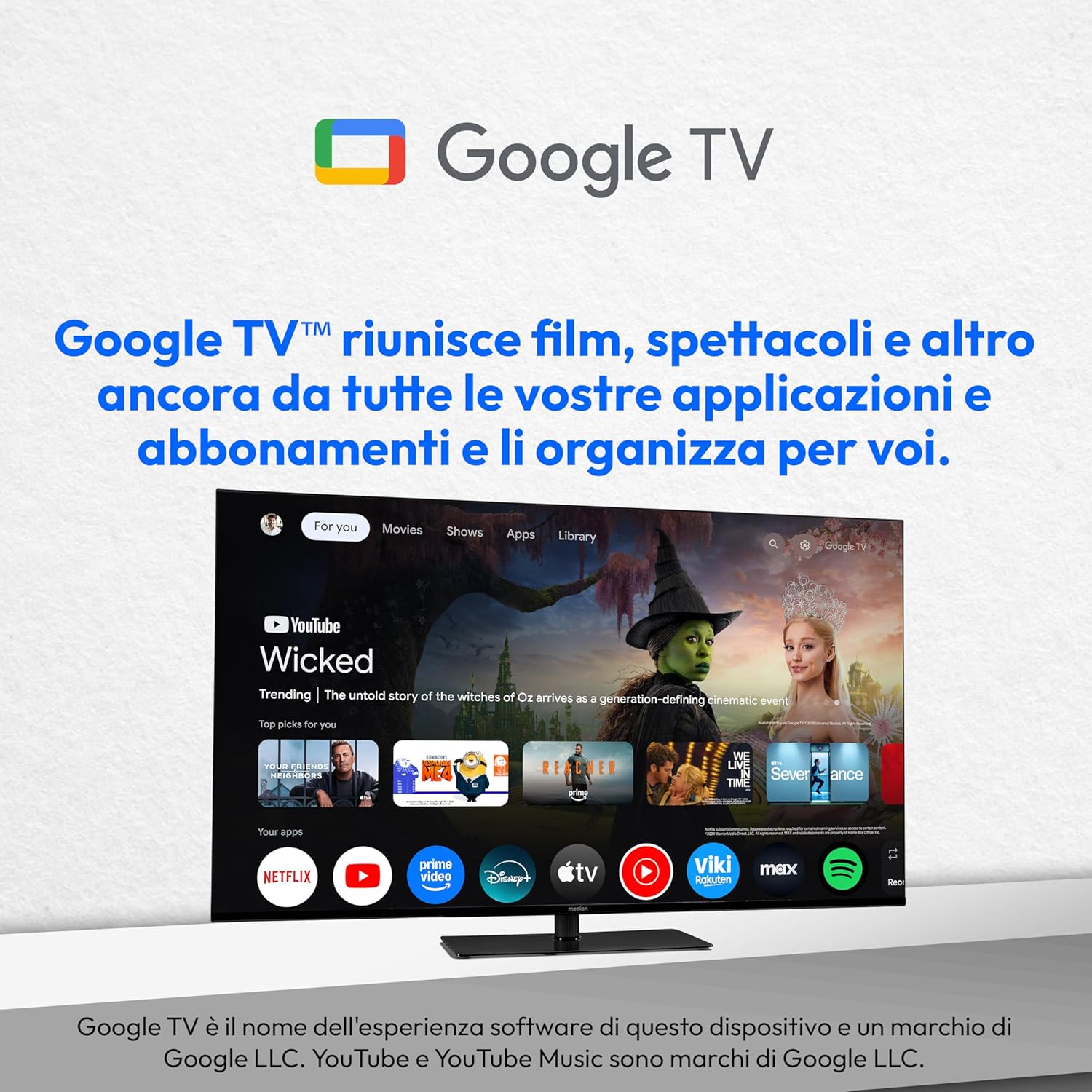 Google TV interface showing various streaming apps like YouTube, Netflix, Prime Video, Disney+, Apple TV, and more.